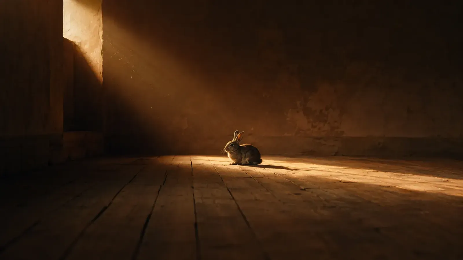 The Amselgrund hero photograph: an empty, sunlit room with a rabbit sitting in a beam of warm afternoon light, a doorway to the left.