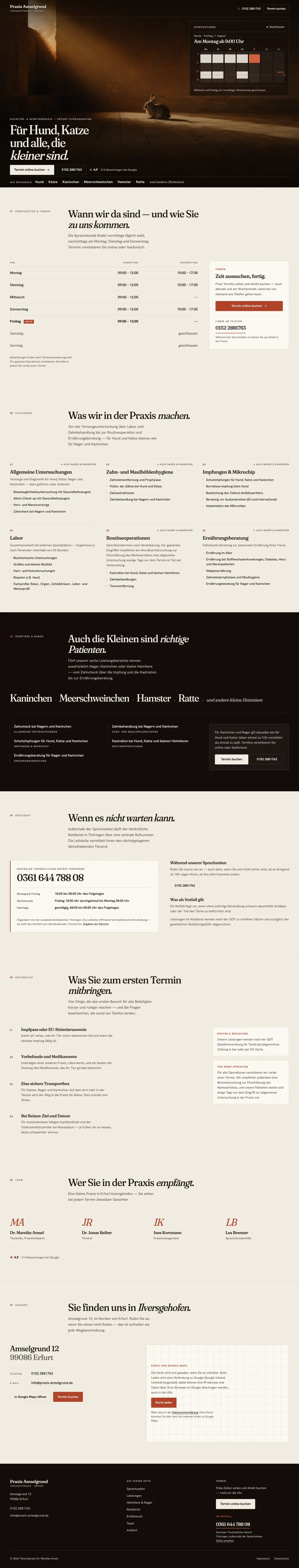 The whole Amselgrund homepage as one continuous scroll, from the dark photographic hero through the Leistungen and Heimtiere sections to the Team block.