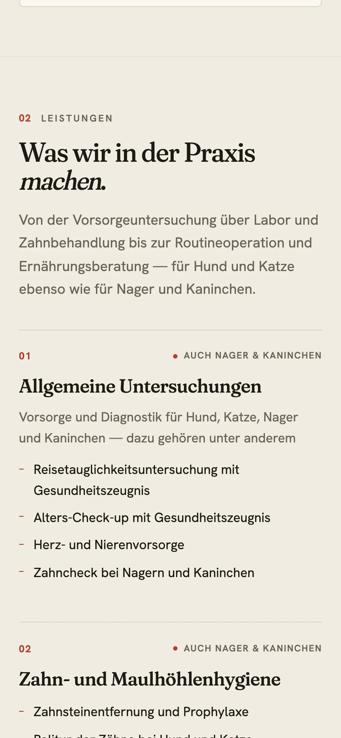 The Amselgrund Leistungen section on a phone: six services stacked full-width, each with its species flag.