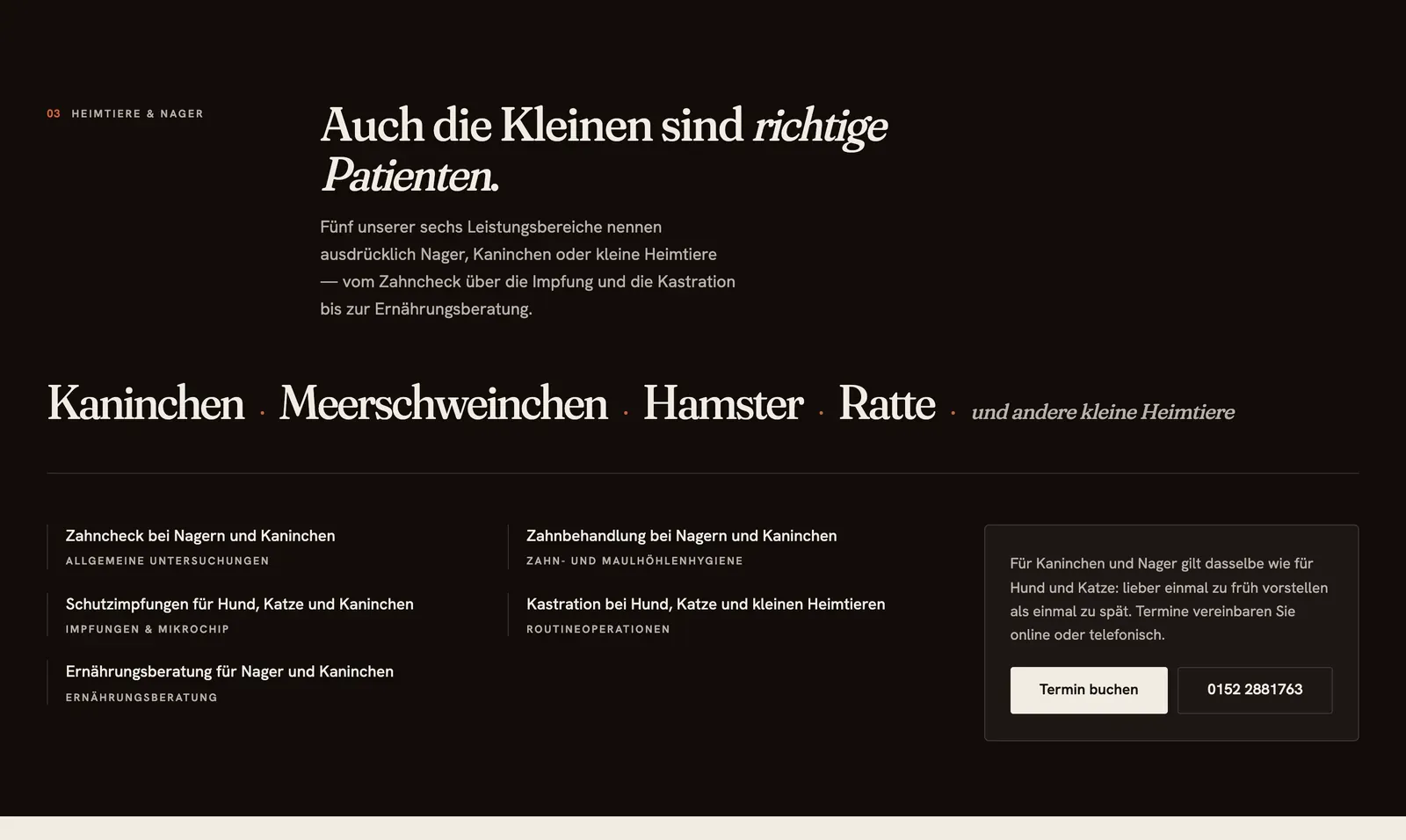 The Amselgrund Heimtiere section on a dark ground: species names set in large serif type, followed by a list of services that also apply to rodents and rabbits.