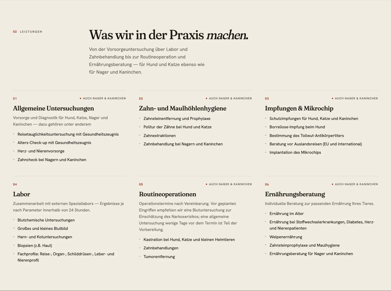 The Amselgrund Leistungen section: a grid of six numbered services, several flagged 'auch Nager & Kaninchen'.