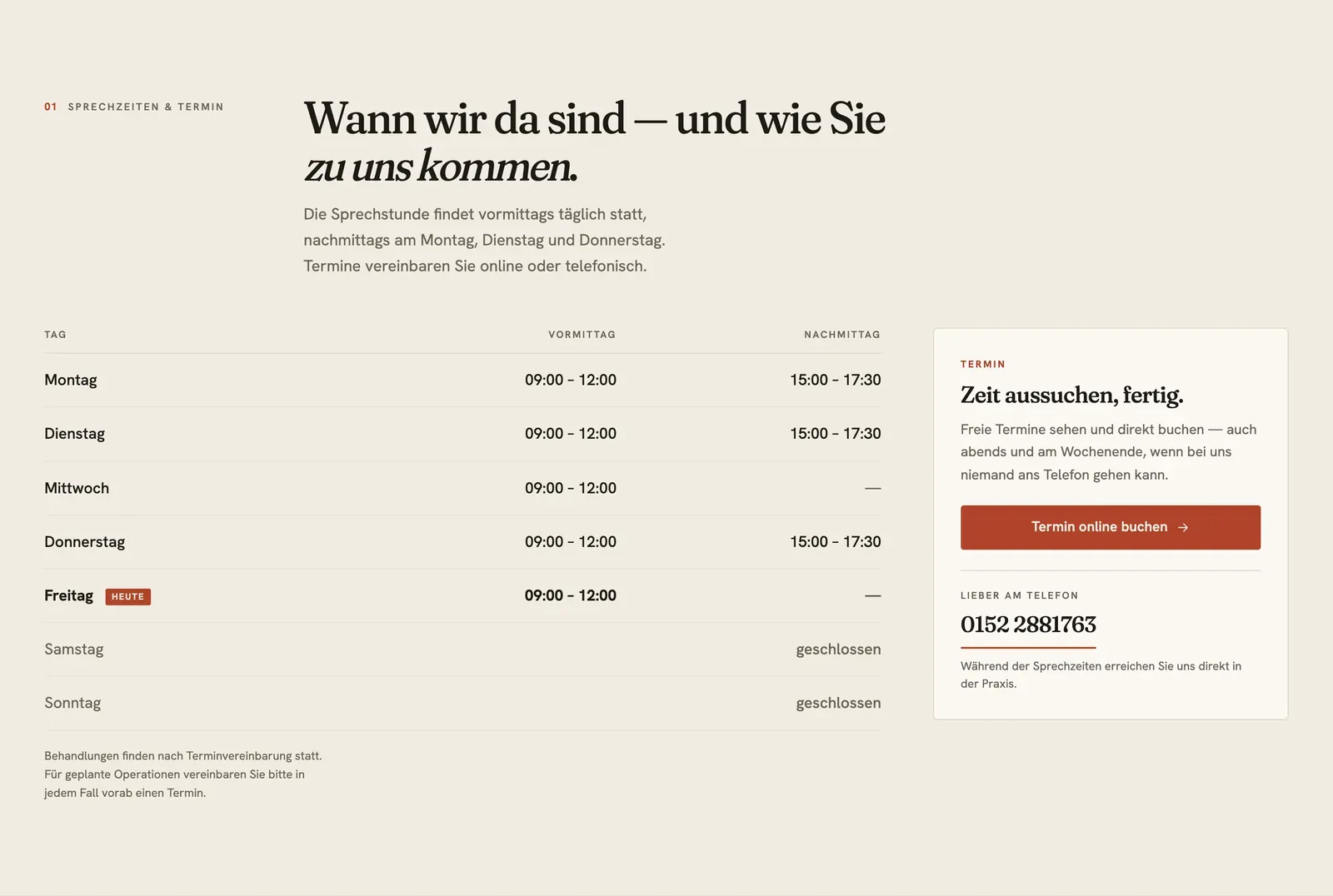 The Amselgrund Sprechzeiten section: a seven-day opening-hours table with the current day highlighted, next to a booking card.