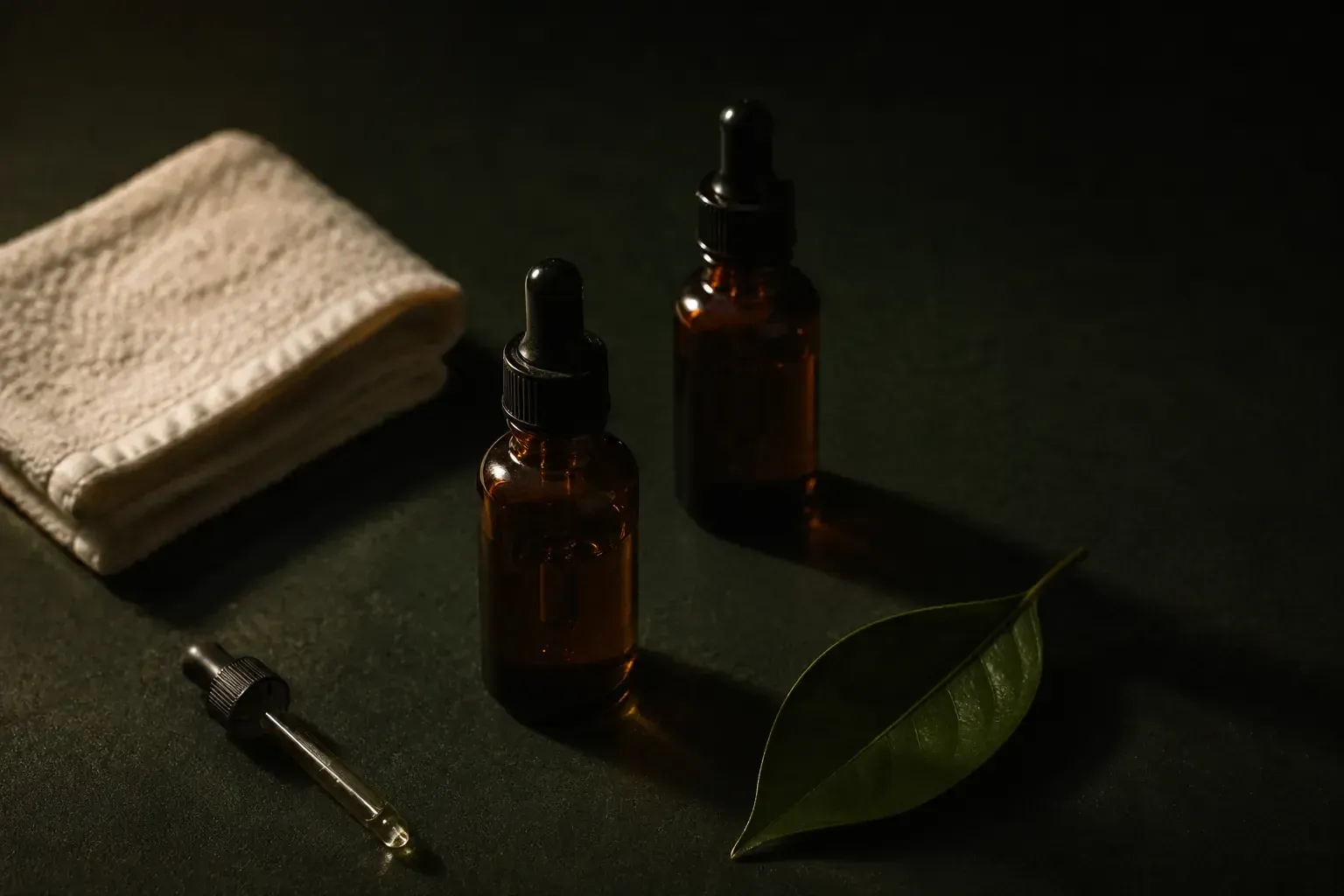 The Aurelia hero photograph: a still life of amber cosmetic bottles and a leaf, lit warm and low against a dark ground, its left edge dissolving into the page's own green.