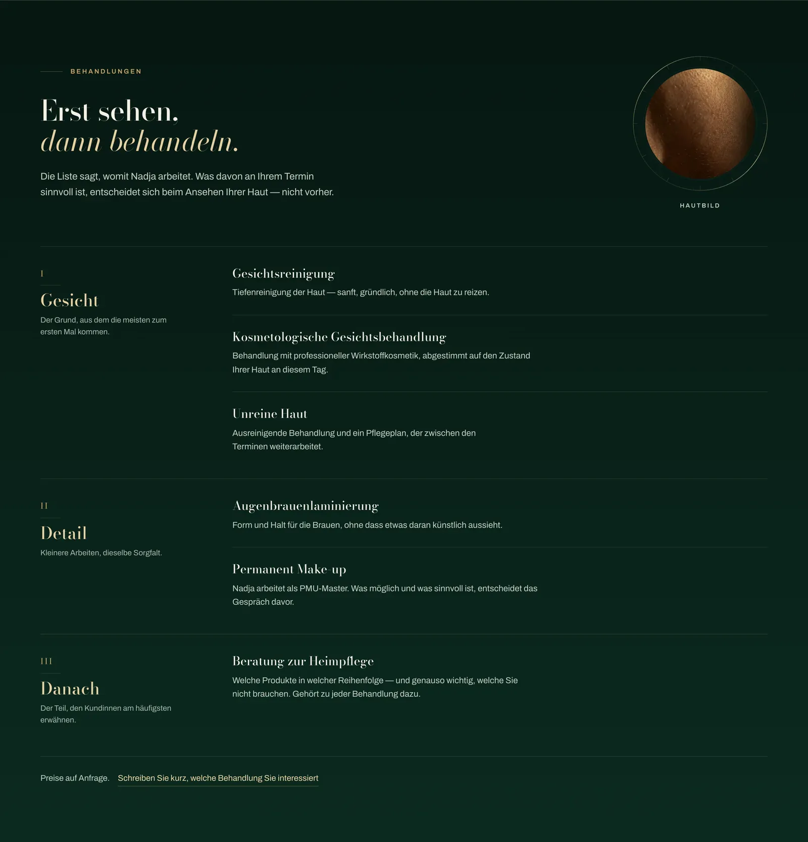 The Aurelia Behandlungen section: three grouped bands of cosmetic services, each with a short descriptive note.