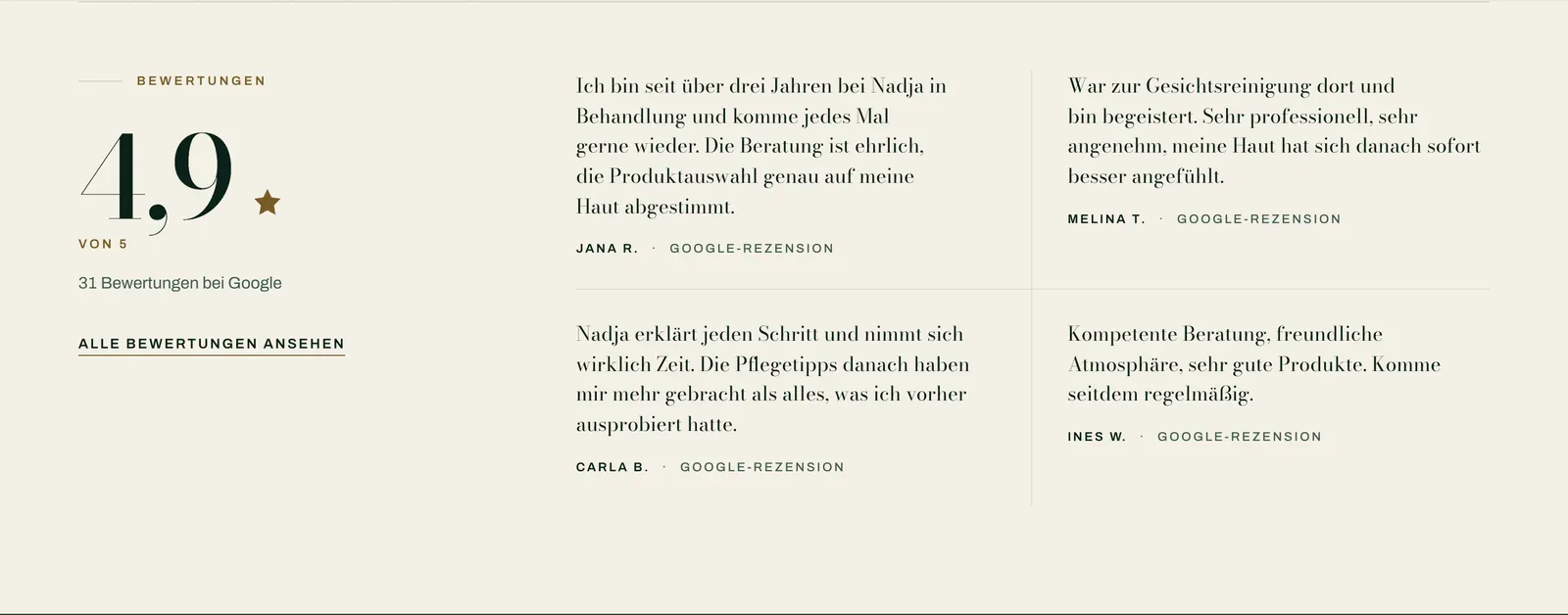 The Aurelia Bewertungen section: a large aggregate rating figure beside four client review quotes on a warm-paper ground.