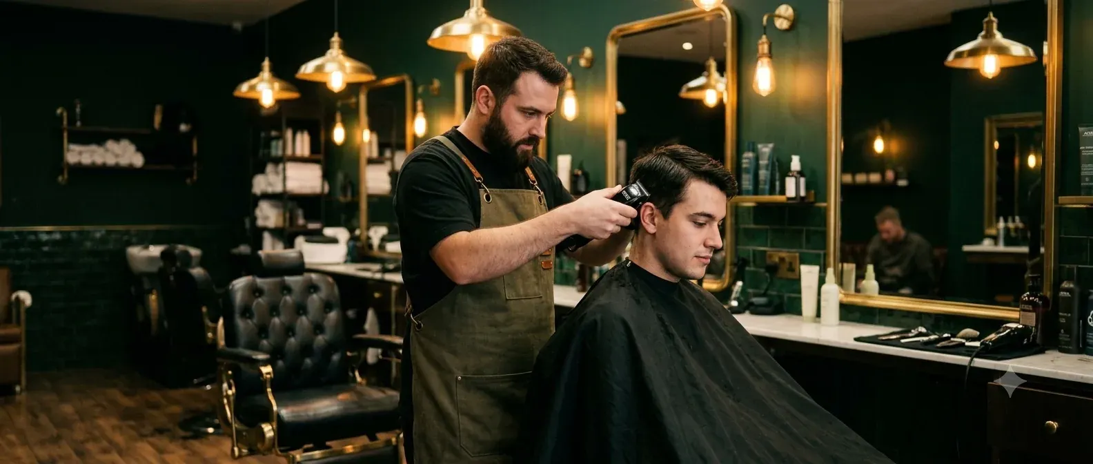 The BLACKWOOD hero photograph: a barber mid-fade over a seated client in a leather chair, brass mirrors and pendant lighting behind them.