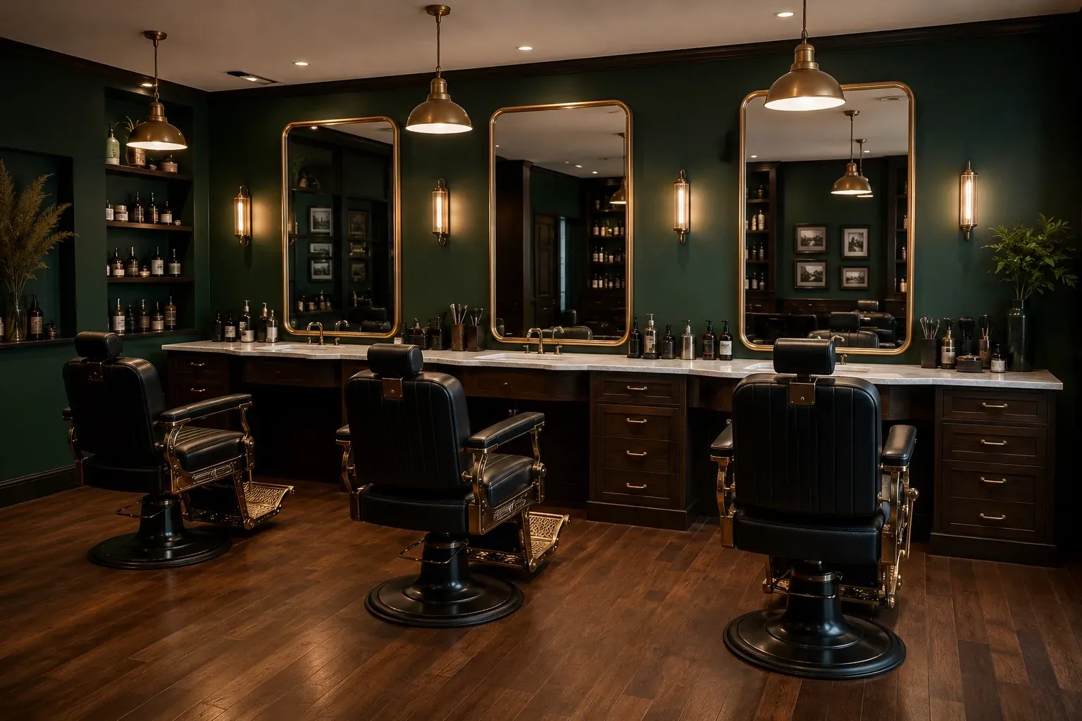 The BLACKWOOD cutting floor: three black leather barber chairs facing brass-framed mirrors on dark emerald walls.