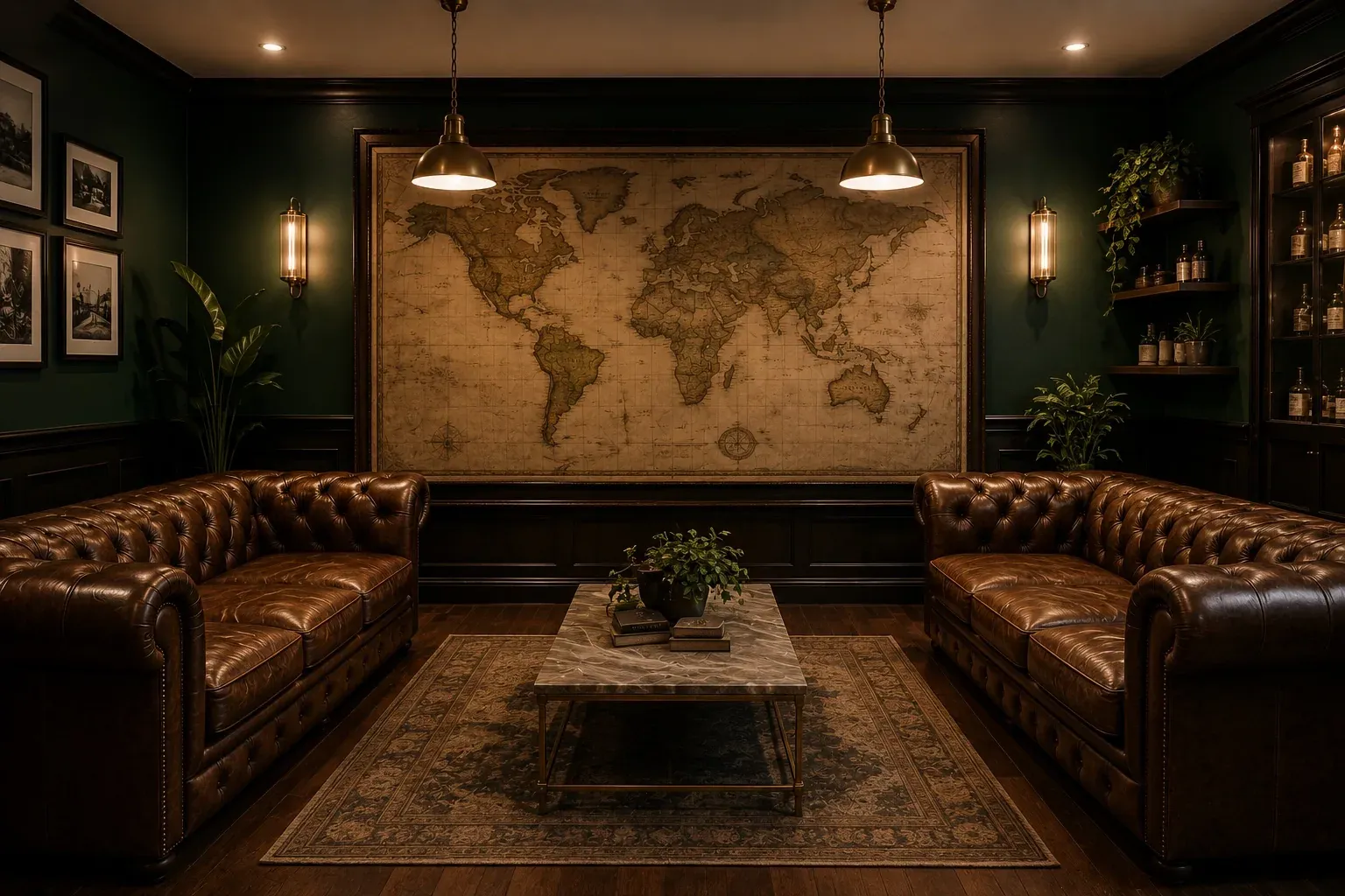The BLACKWOOD waiting lounge: two tufted leather sofas facing each other beneath a large vintage-style world map.