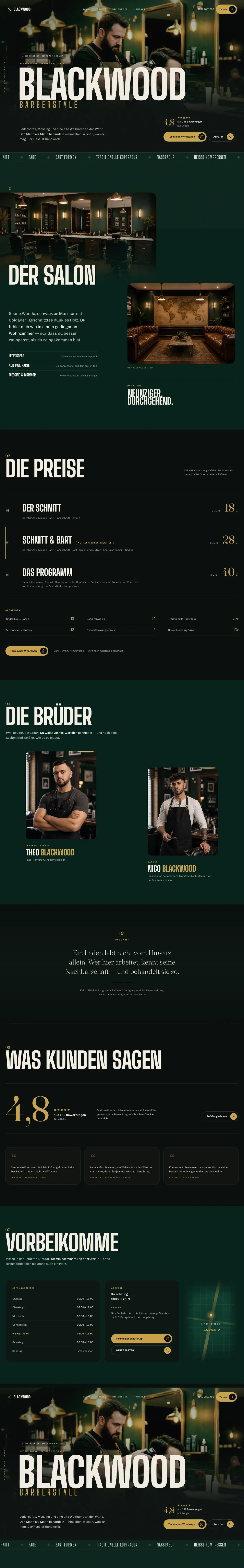 The whole BLACKWOOD homepage as one continuous scroll, from the dark hero through the emerald sections to the closing reviews on ink.