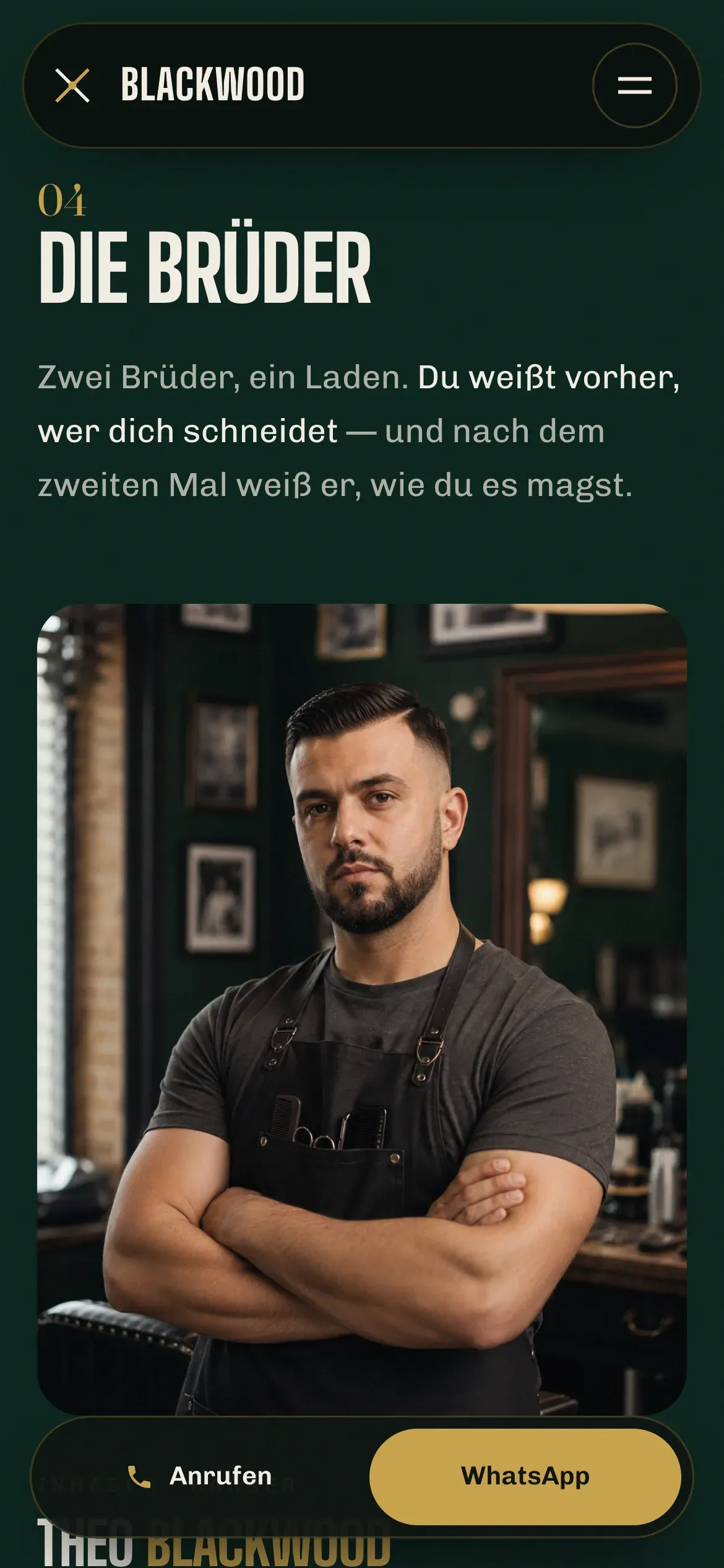 The BLACKWOOD brothers section on a phone: the two barber portraits stacked full-width, one after the other.