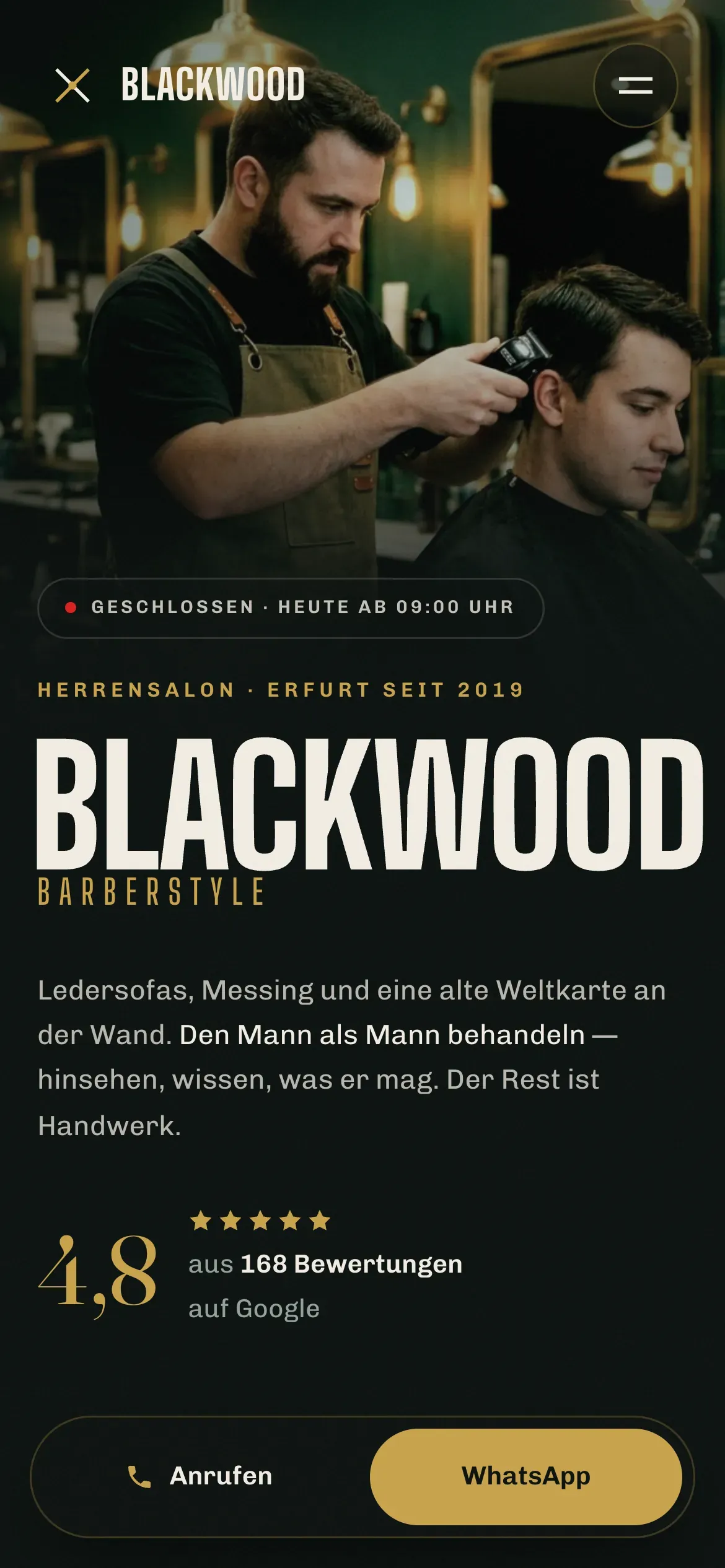 The BLACKWOOD homepage on a phone: the hero photograph, an open/closed status pill, a rating line and a WhatsApp button.