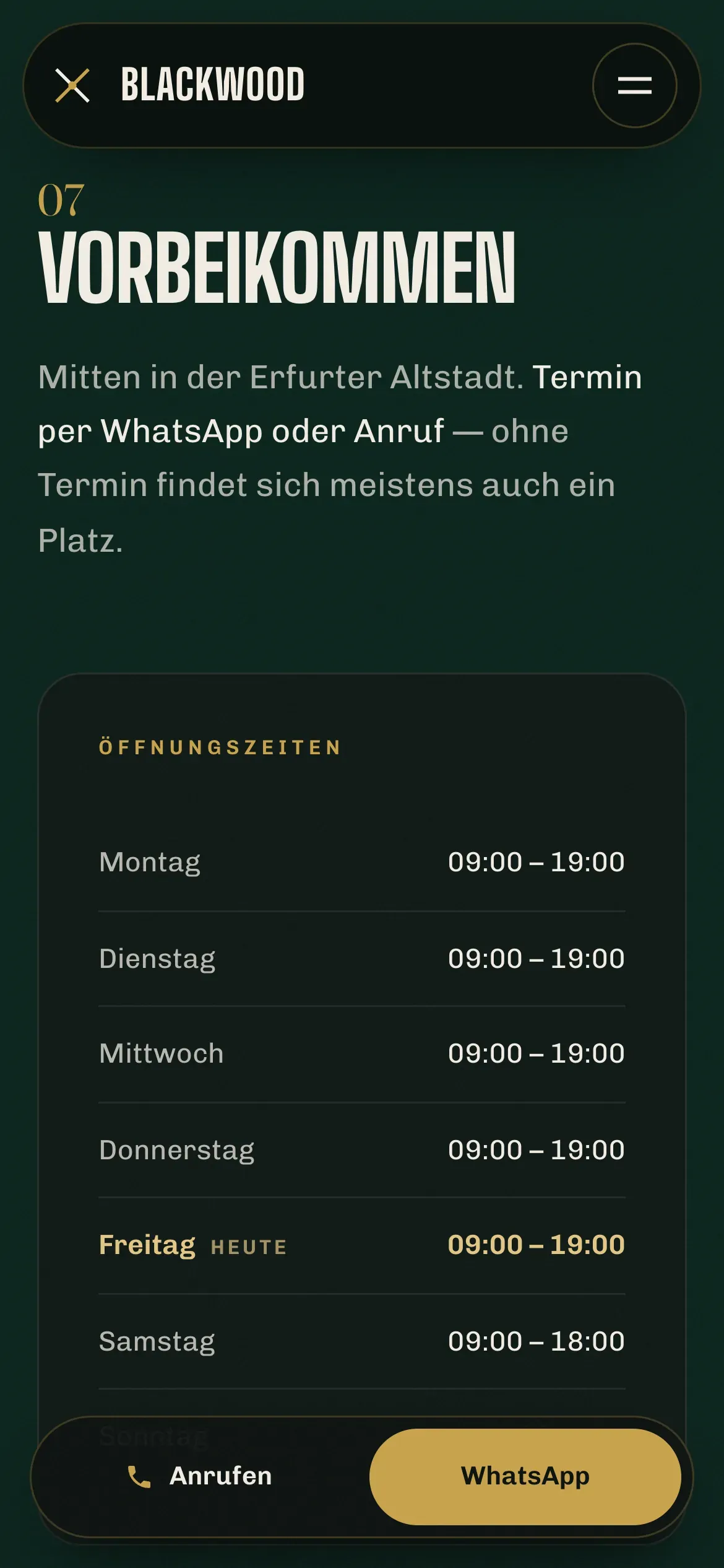 The BLACKWOOD contact section on a phone: call and WhatsApp buttons above the address and opening hours.