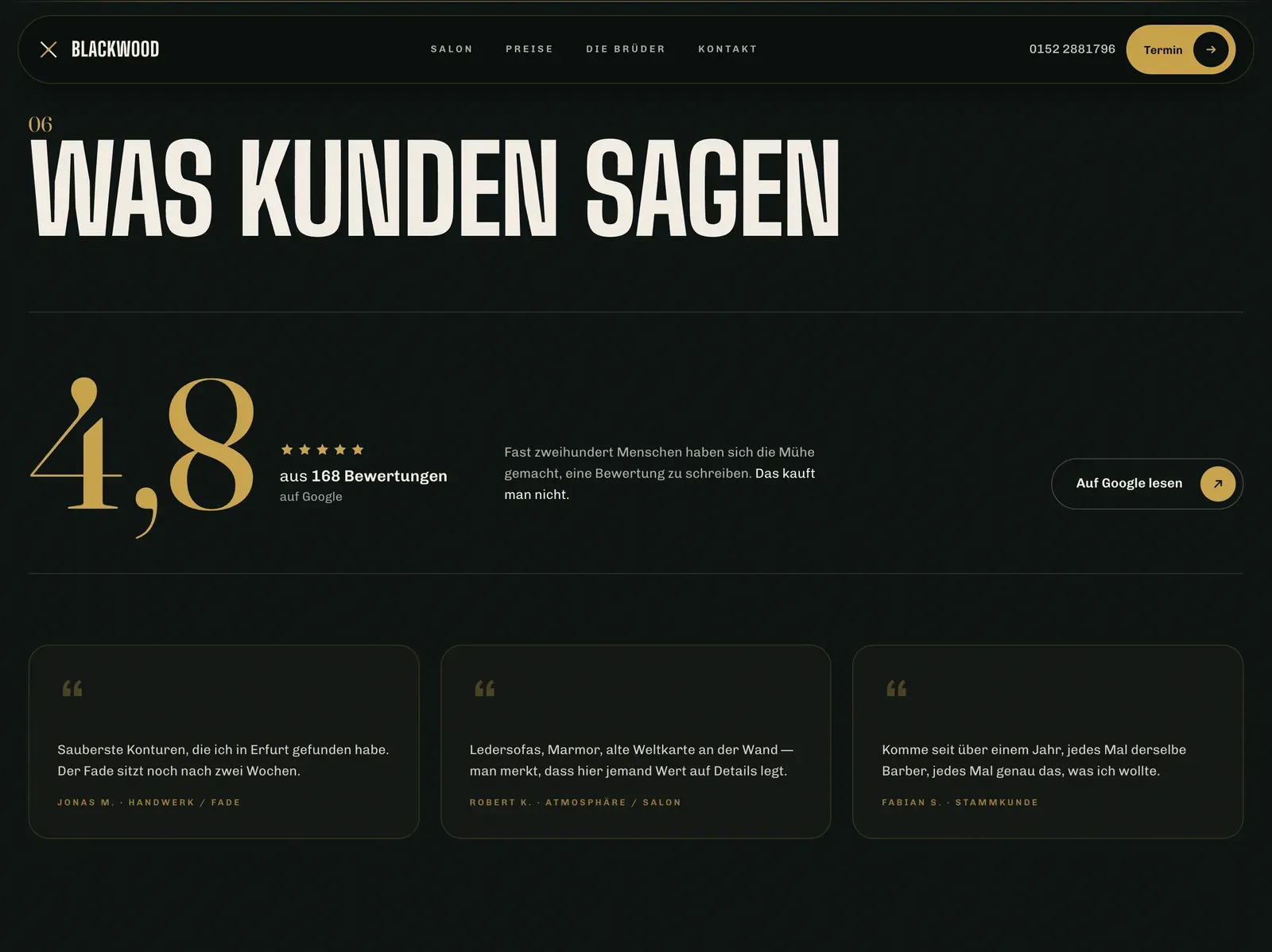 The BLACKWOOD reviews section: a large 4.8-star rating beside three customer quotes on black.