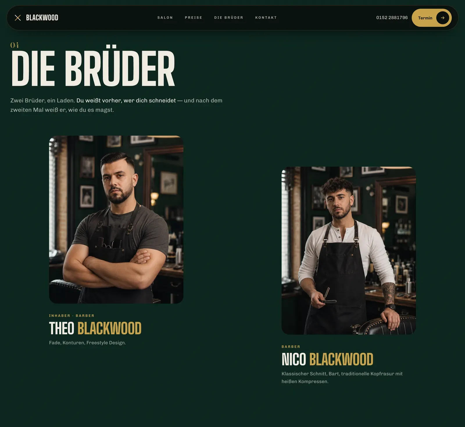 The BLACKWOOD brothers section: two portrait photographs of the shop's owners side by side, each with a name and specialty.