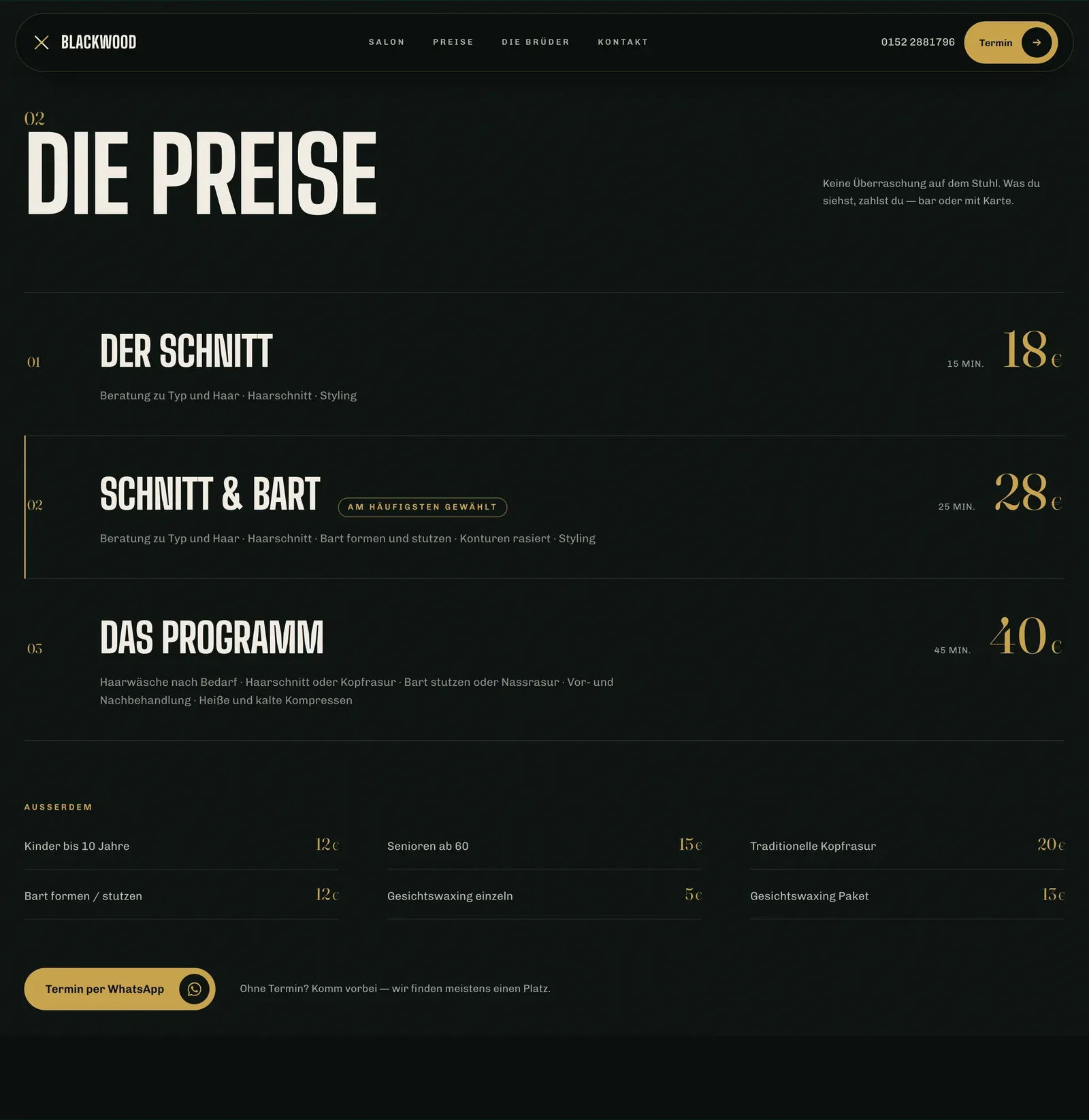 The BLACKWOOD pricing section: a numbered list of services with prices, set like a menu on dark ink.