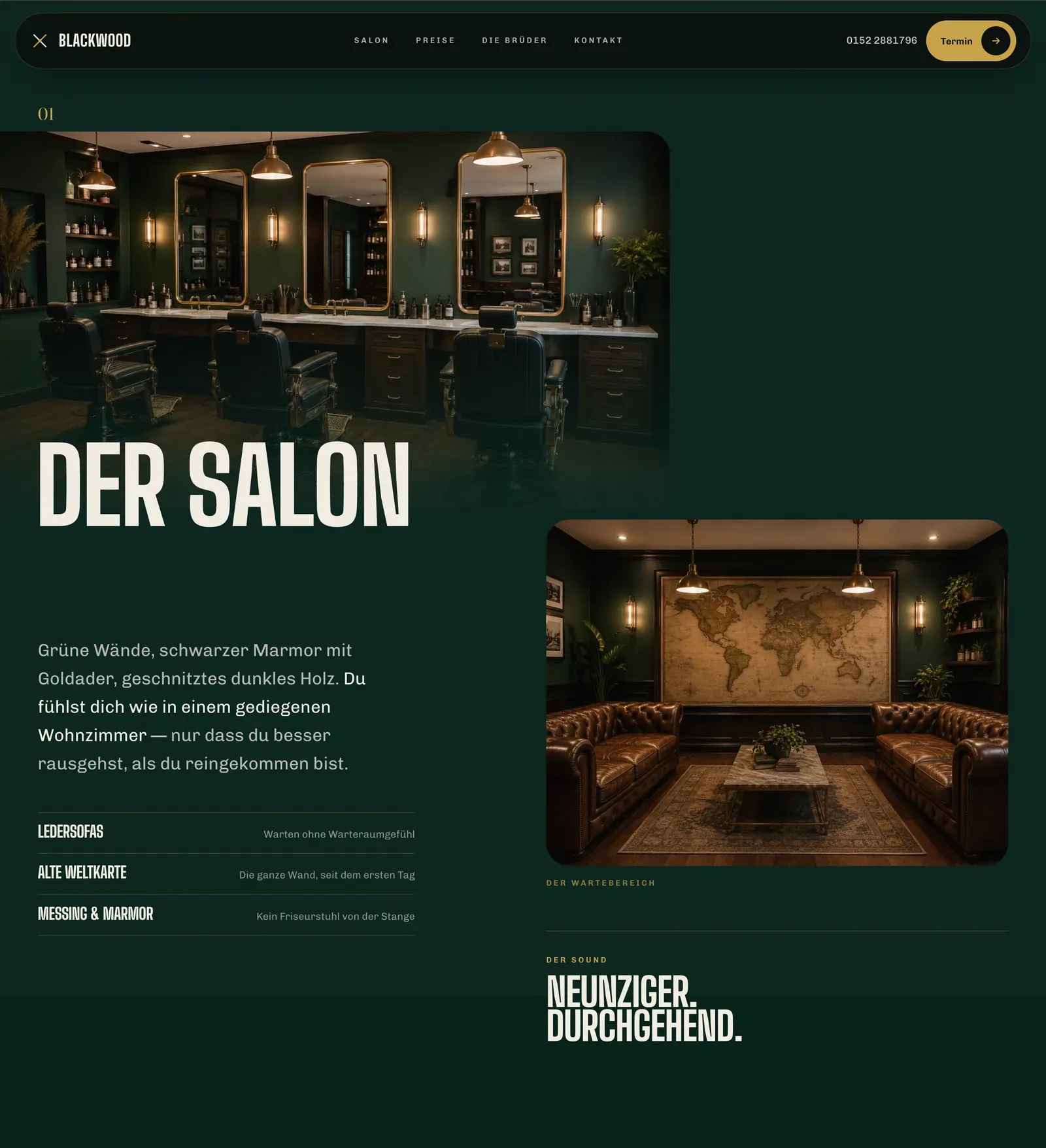 The BLACKWOOD Salon section: a wide photograph of the cutting floor bleeding off the left edge, with the headline “Der Salon” set over it.