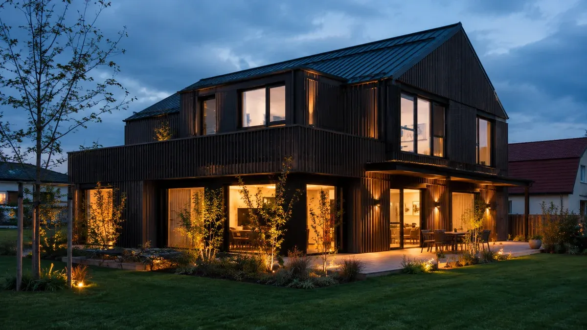 A dark timber-clad EICHWERK home at dusk, seen from the garden — warm interior light, with a terrace and planting settling it into its plot.