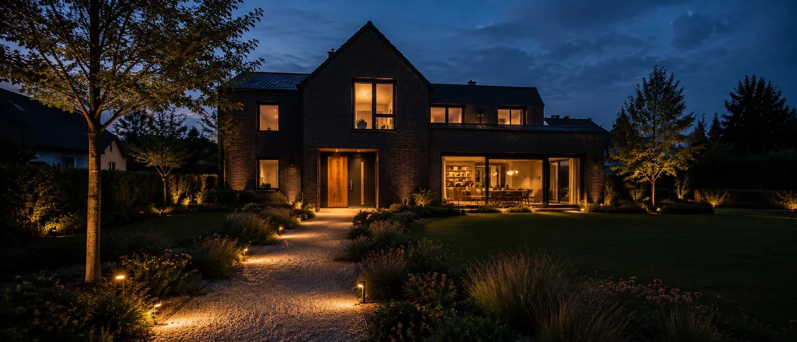 An EICHWERK concept home at dusk, warm interior light glowing through full-height glass across a landscaped garden.
