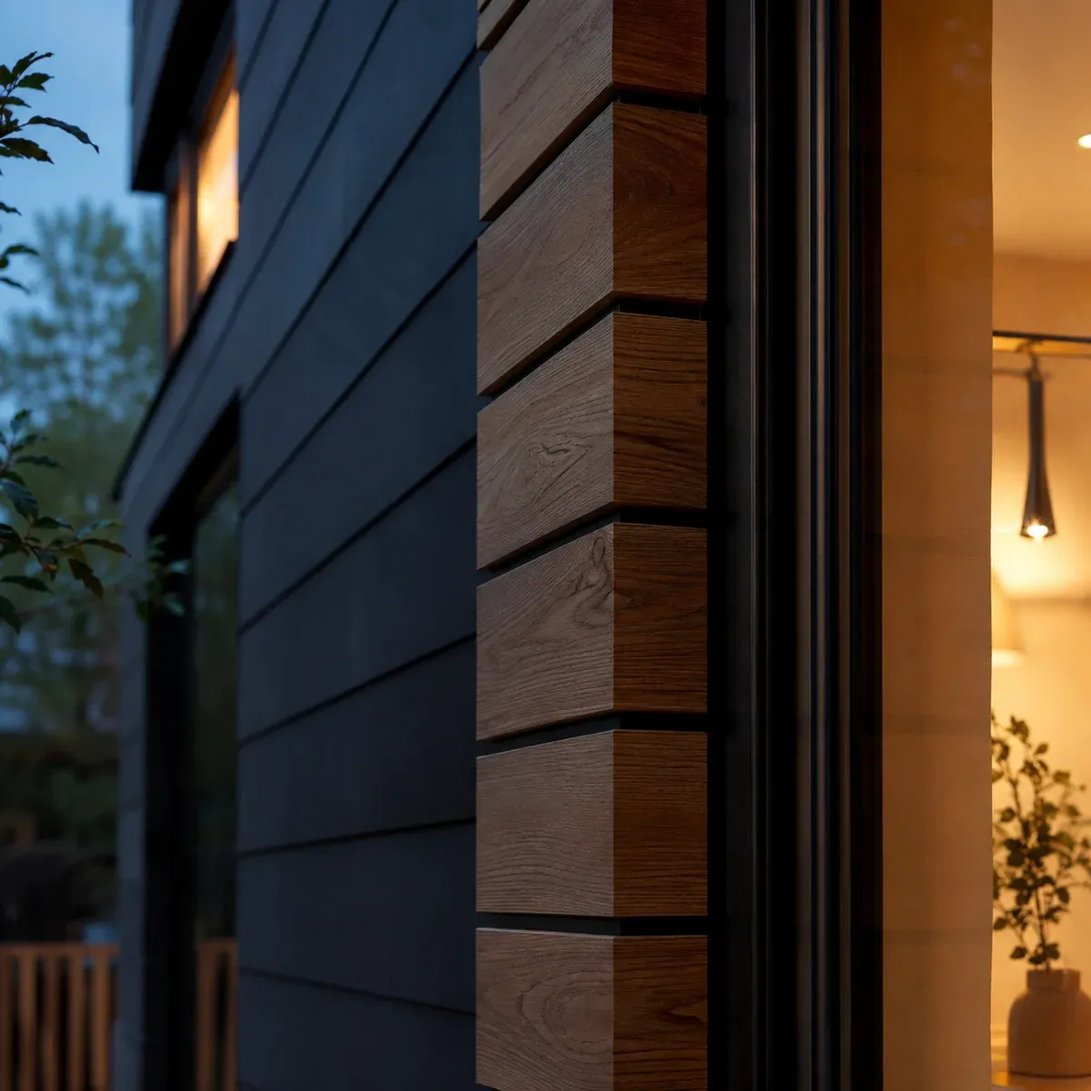 Close-up of an EICHWERK facade where dark cladding meets warm timber slats beside a black-framed window, warm light inside.