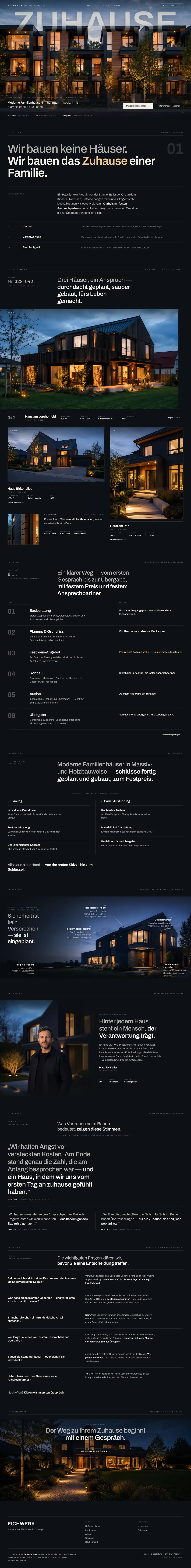 The whole EICHWERK homepage as one continuous scroll, from the dusk masthead through the reference-house catalogue and the guarantees to the closing call to action.