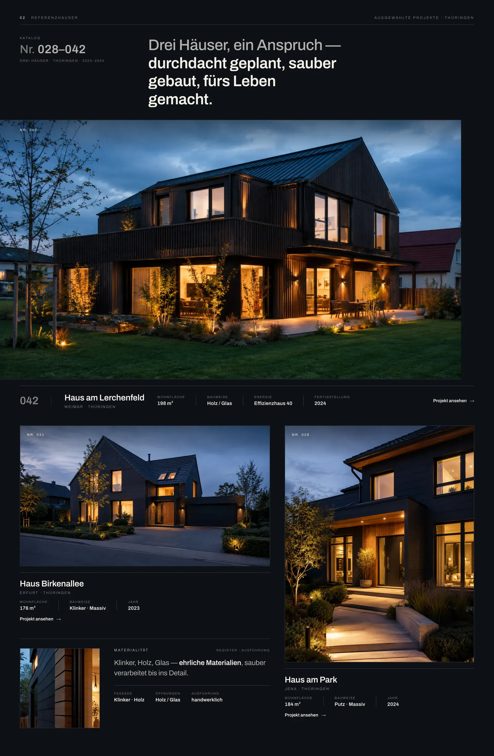 The EICHWERK Referenzhäuser section — a project catalogue. A featured build, ‘Haus am Lerchenfeld’ Nr. 042 in Weimar, with a spec row (floor area, construction, energy rating, completion year) and a ‘Projekt ansehen’ link.