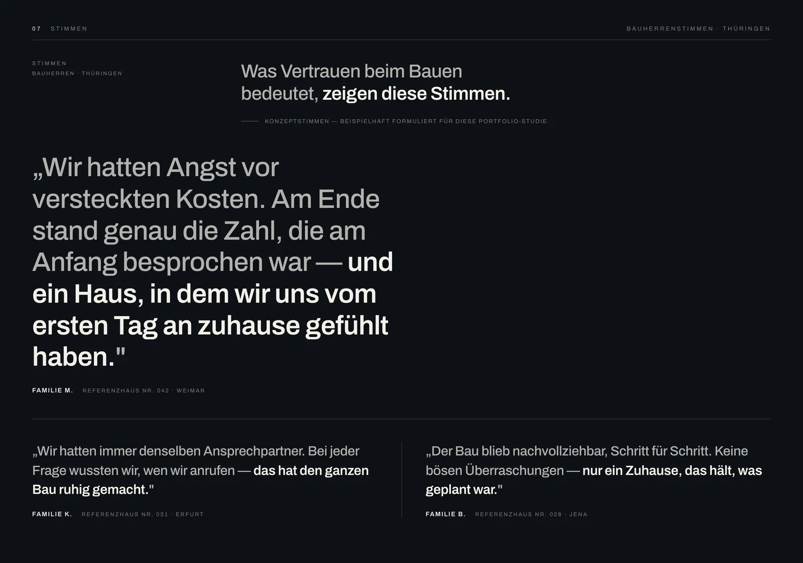 The EICHWERK Stimmen section on night: one client quote about hidden costs set at headline scale, with two shorter quotes below it.