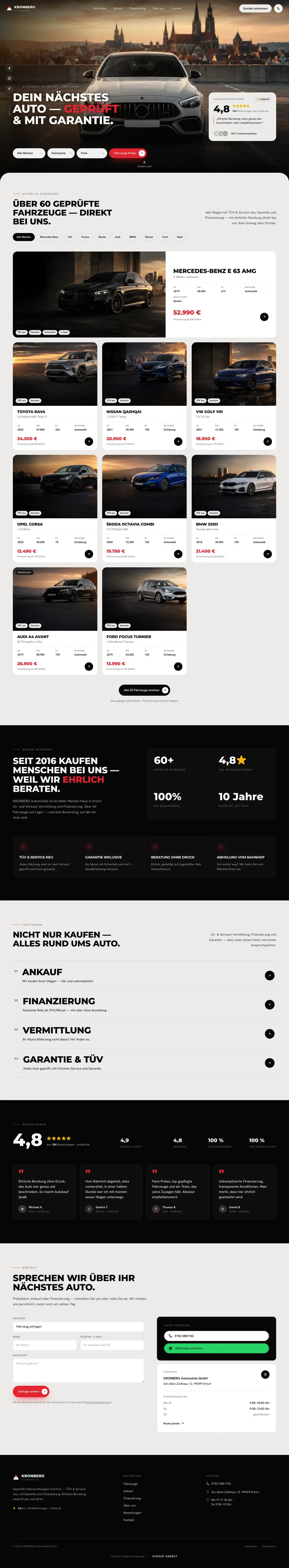 The whole KRONBERG homepage as one continuous scroll, from the dark hero through the light vehicle catalogue to the closing contact section.