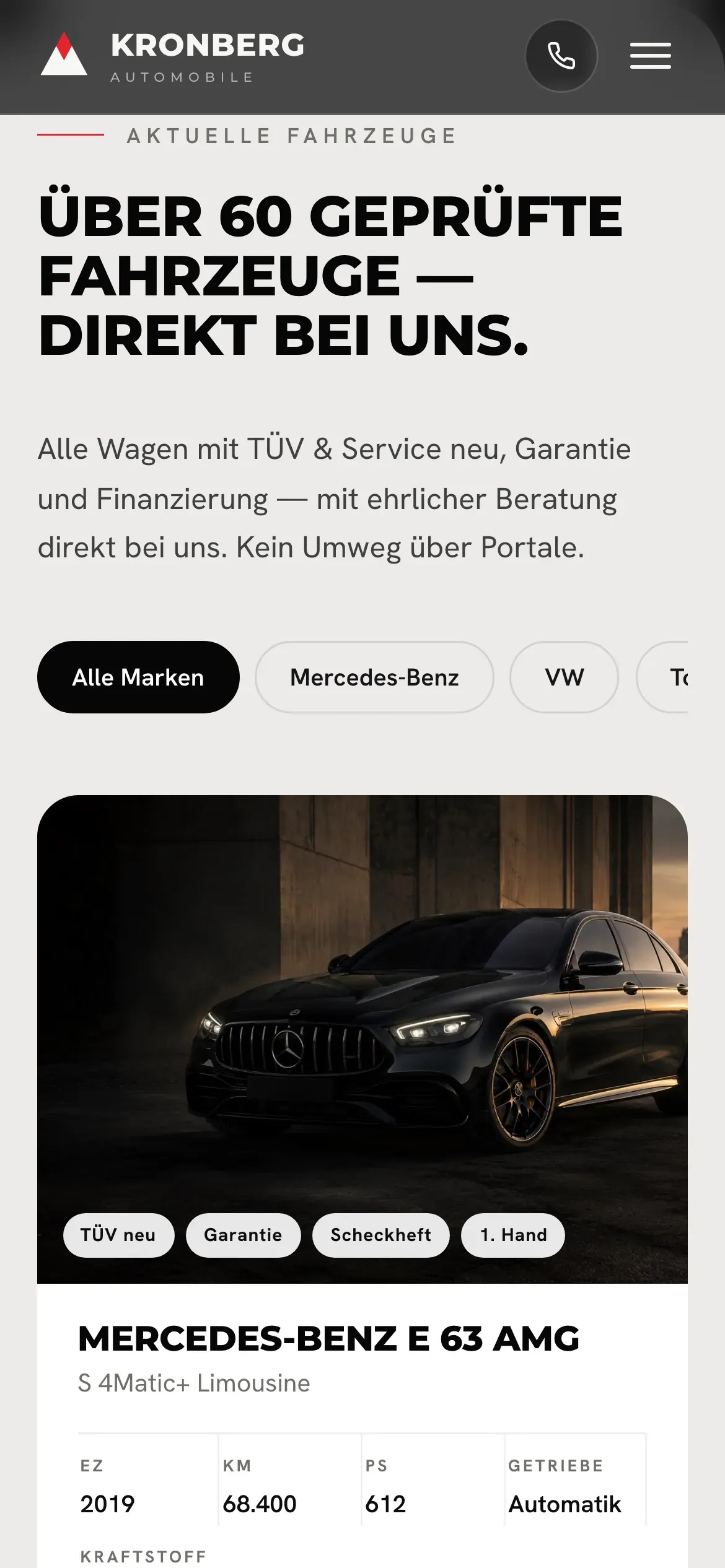 The KRONBERG vehicle catalogue on a phone: vehicle cards stacked in a single column.