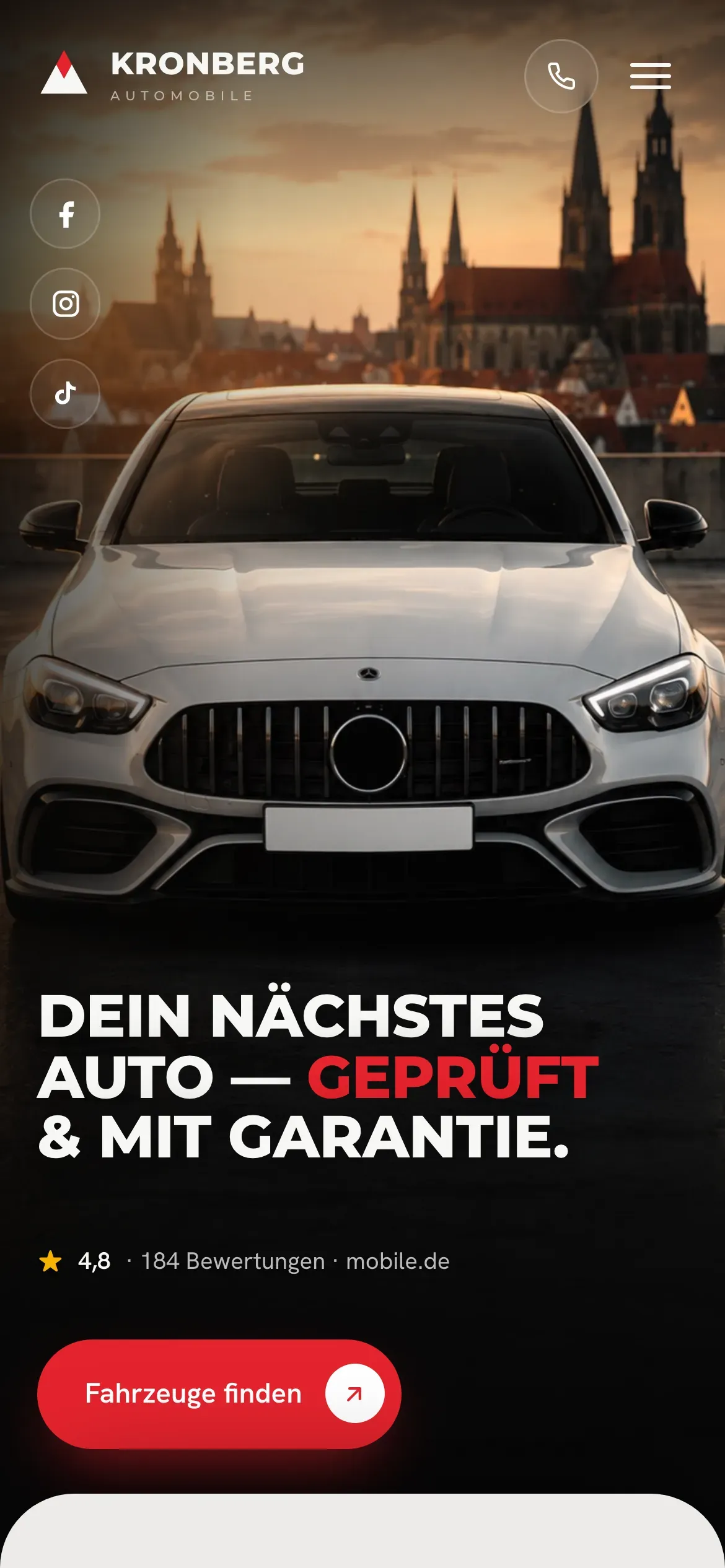 The KRONBERG homepage on a phone: the car centred, the skyline behind it, and the headline sitting on dark concrete below.