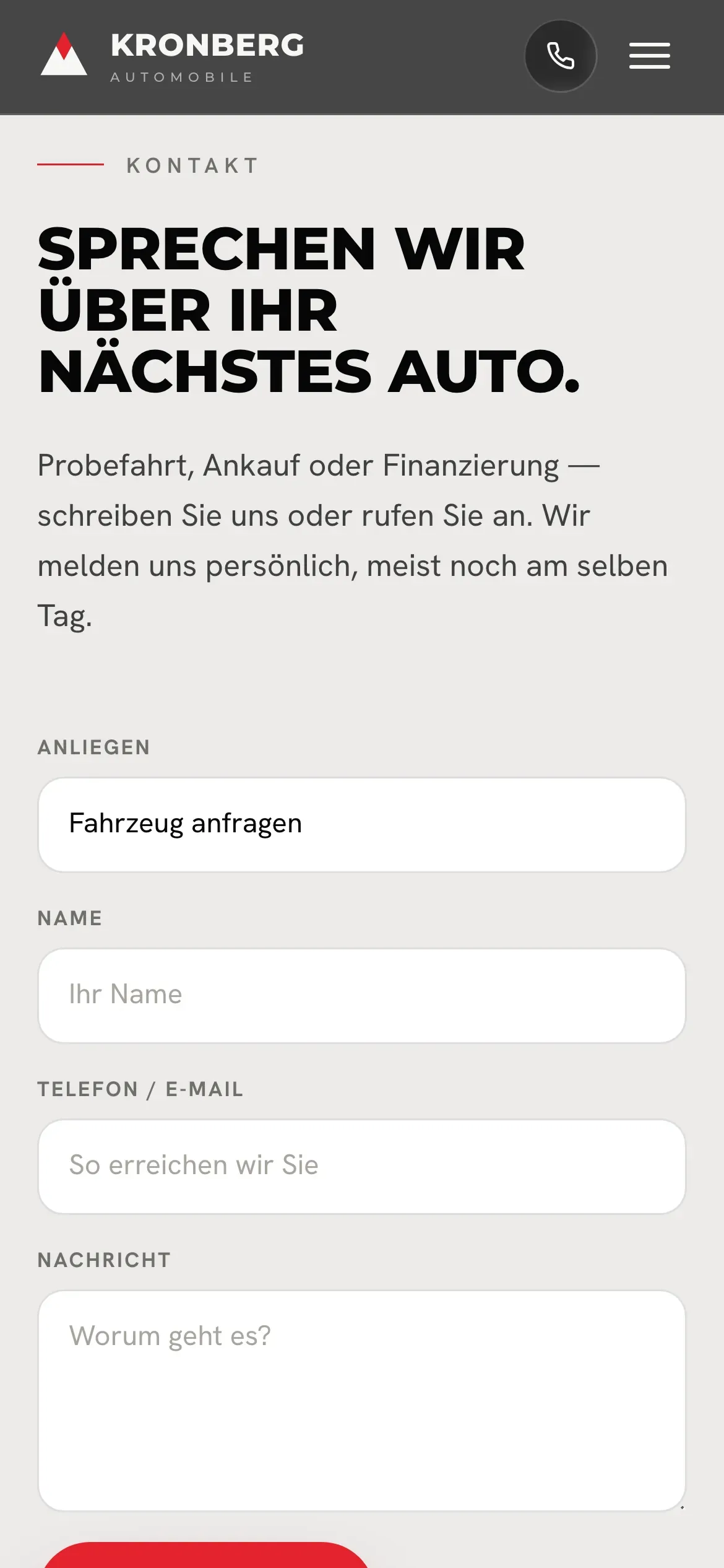 The KRONBERG contact section on a phone: direct call and message buttons above a short enquiry form.