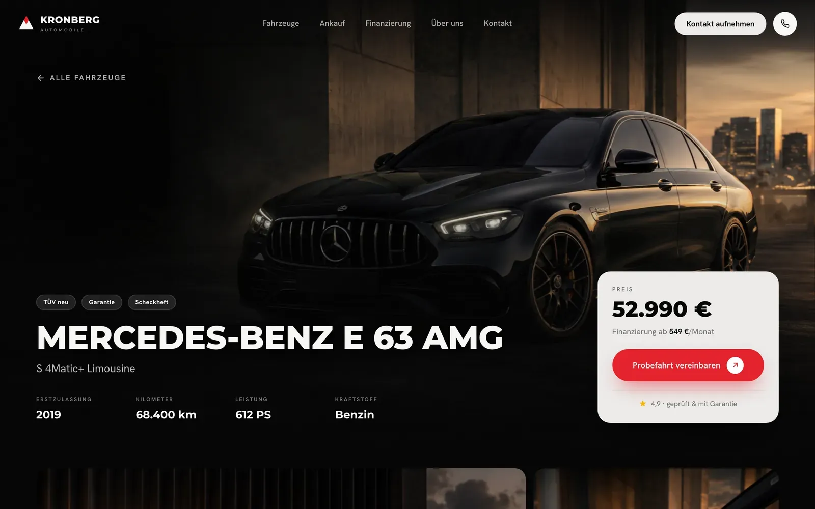 A KRONBERG vehicle detail page: a cinematic car hero, a gallery, a technical-data cluster and an enquiry form.