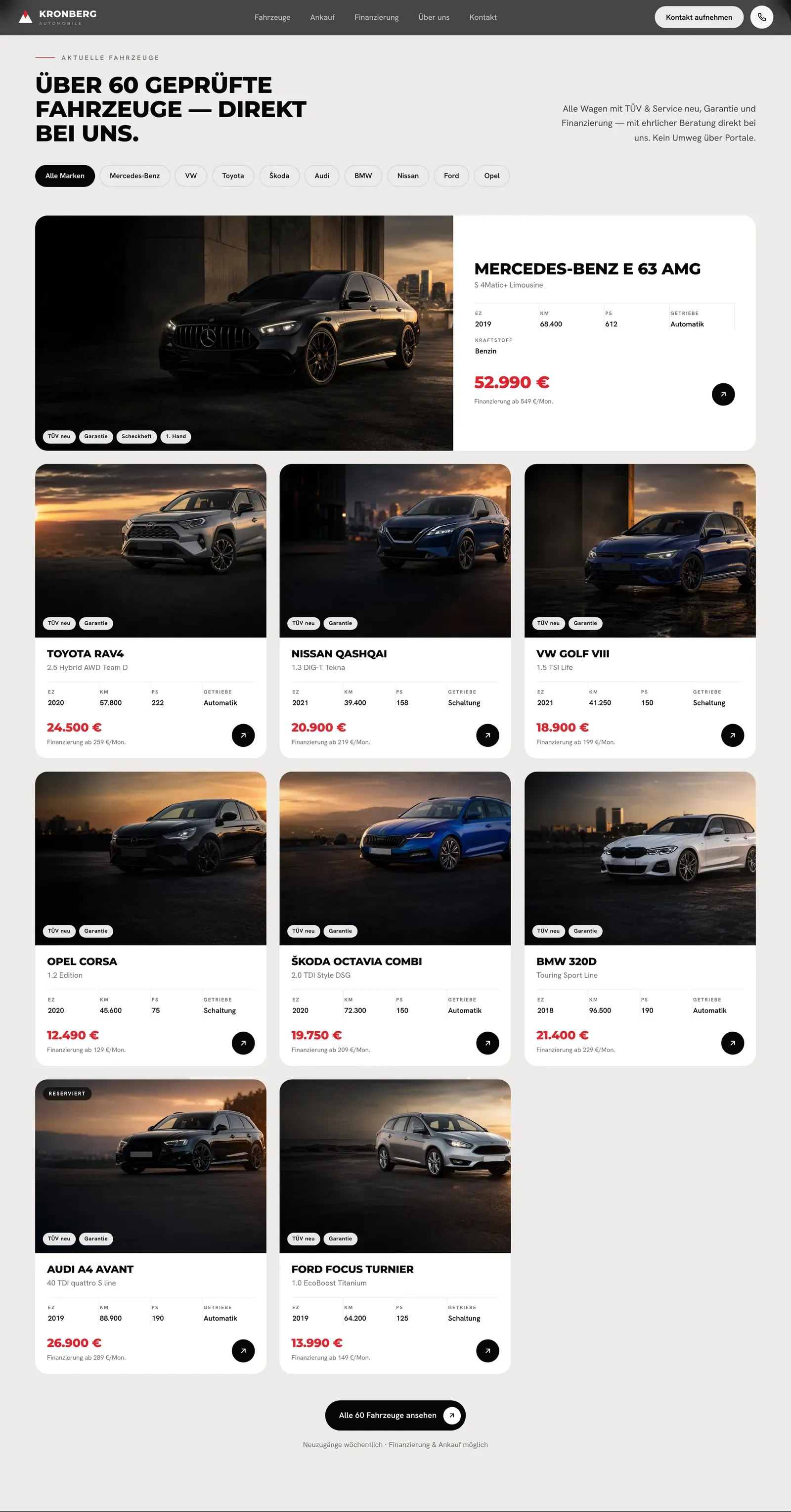 The KRONBERG vehicle catalogue: a brand filter row, a large featured car, and a grid of vehicle cards on warm paper.