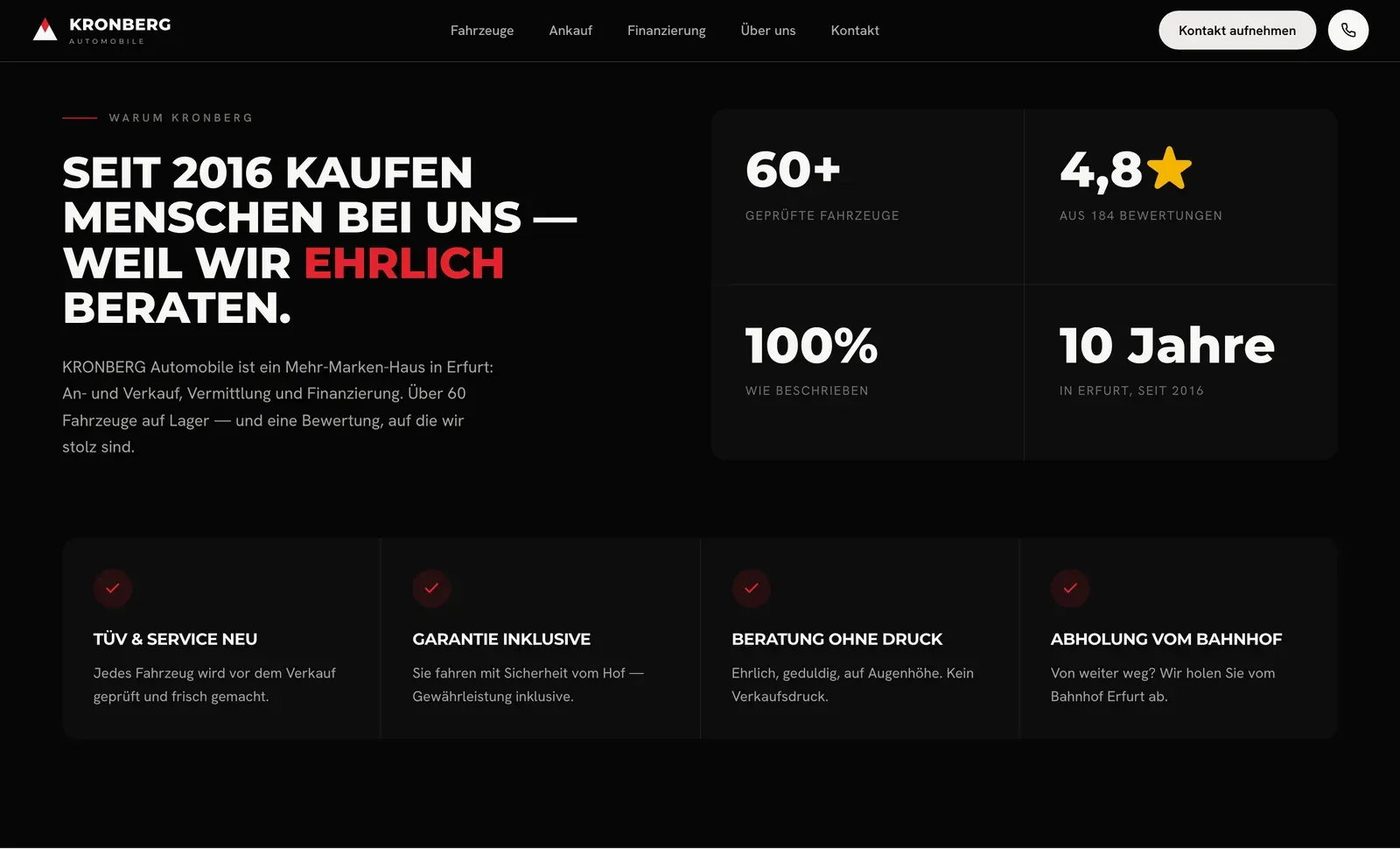 The KRONBERG trust section on near-black: large animated counters for stock, rating, reviews and years, beside four honest-dealer promises.
