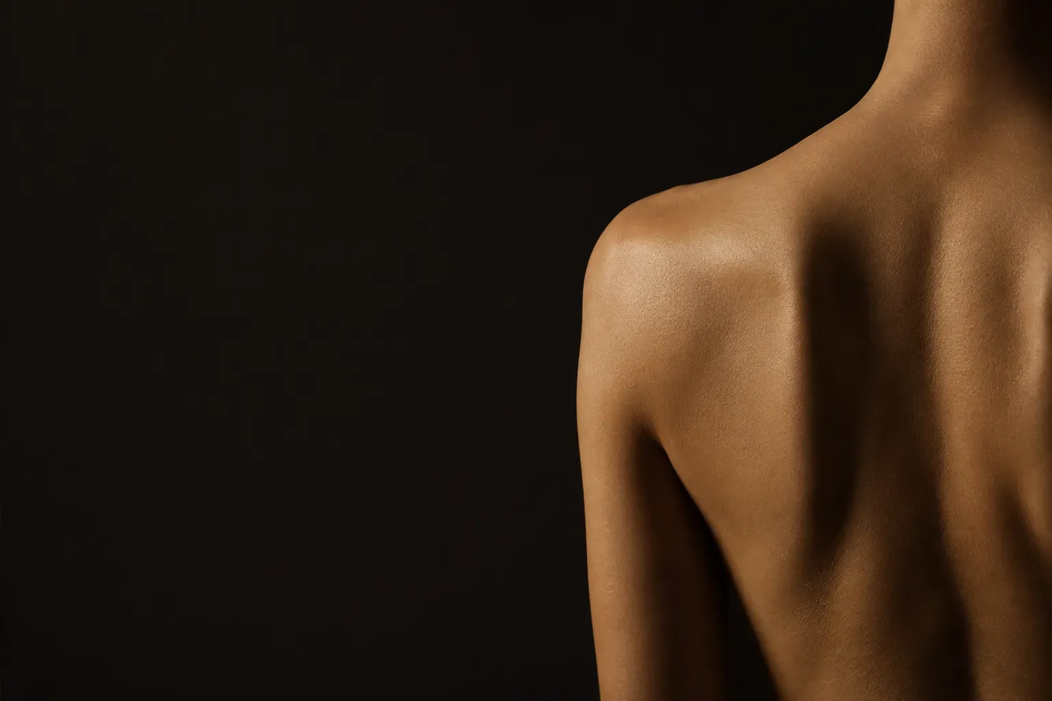 The LINEA hero photograph: a close-up of a bare shoulder and upper back lit warmly against a flat dark ground, fine hand-traced contour lines overlaid on the skin.