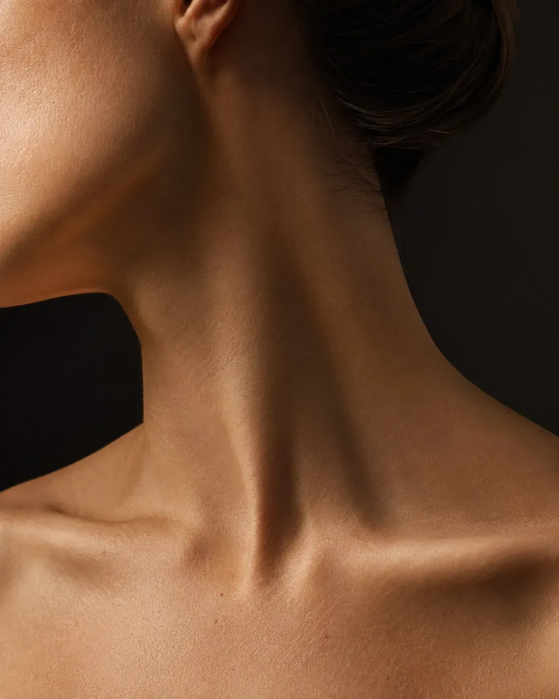 The LINEA Gesicht panel: a close-up photograph of a neck and jawline, lit warmly against a flat dark ground, the face itself kept out of frame.