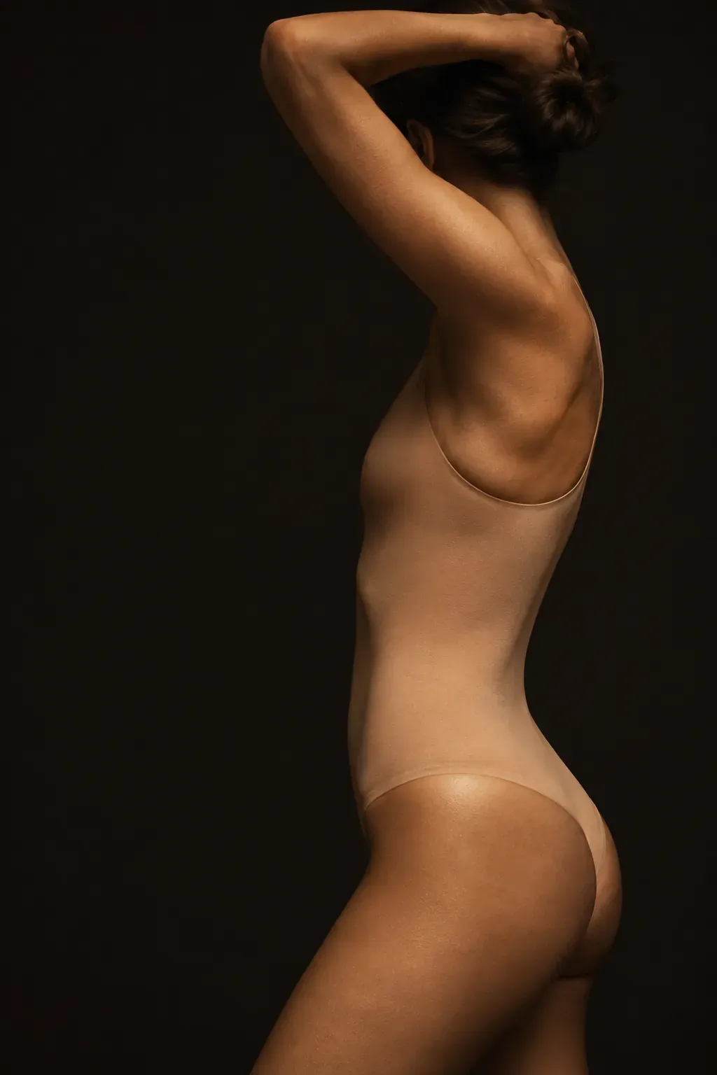 The LINEA Körper panel: a side-profile photograph of a bare torso and hip against a flat dark ground, in the same warm practical light as the hero.