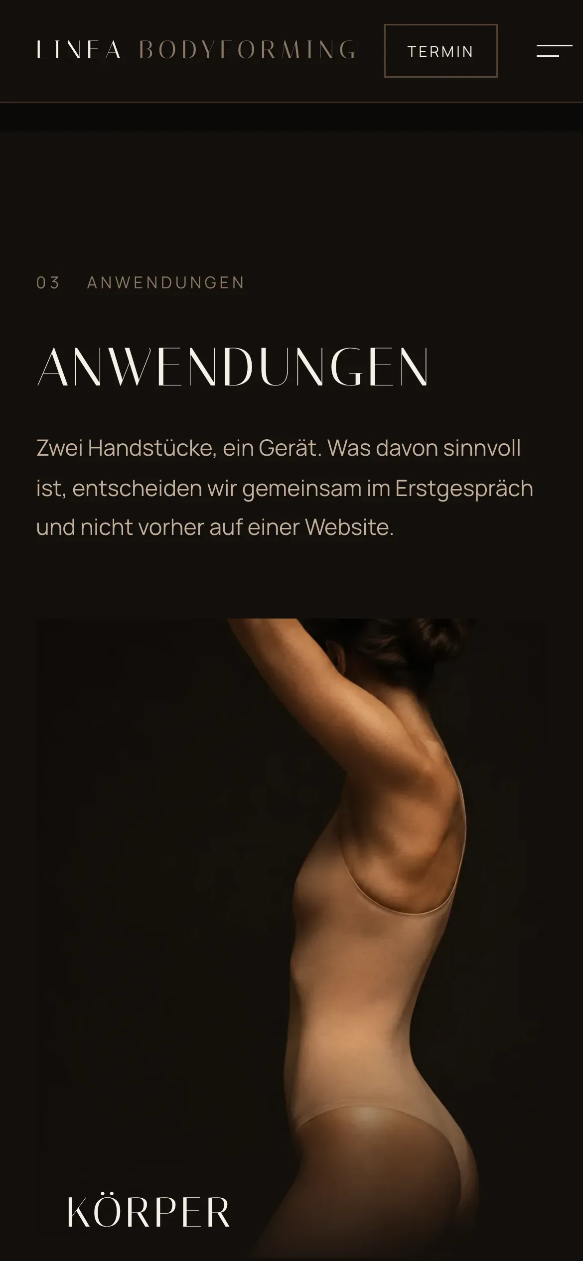 The LINEA Anwendungen section on a phone: the Körper and Gesicht panels stacked full-width, one above the other.