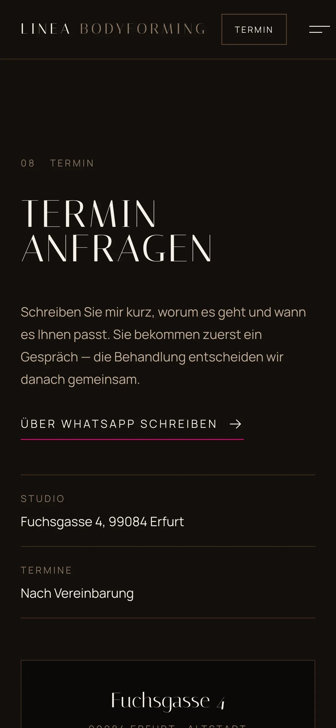 The LINEA Termin section on a phone: a booking link and address block stacked above a click-to-load map.