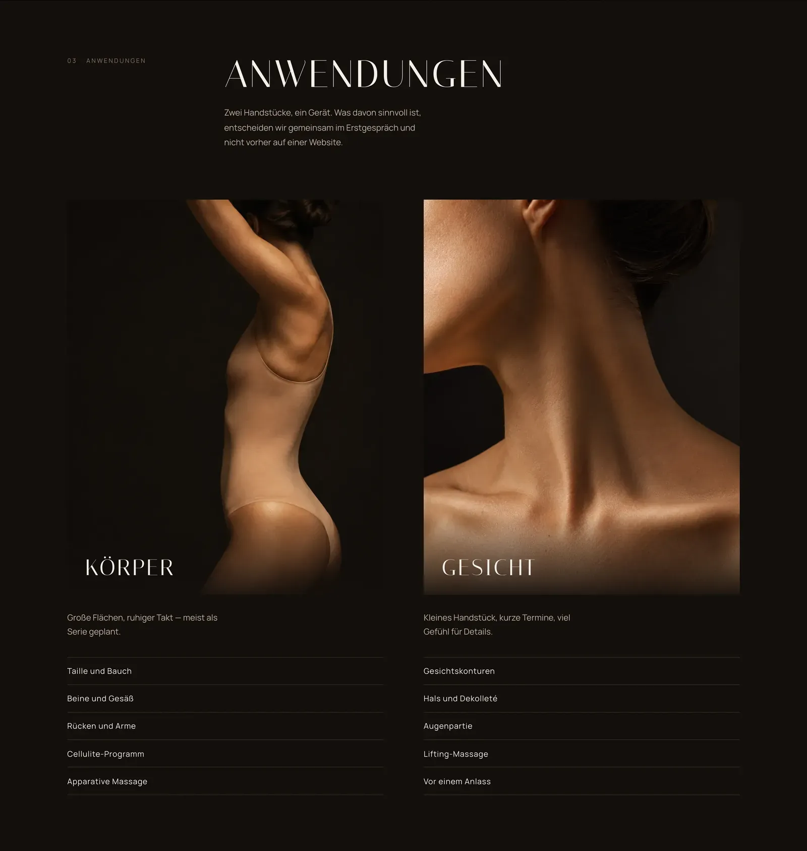 The LINEA Anwendungen section: two tall photographic panels labelled Körper and Gesicht side by side, each with a list of treatment areas below it.