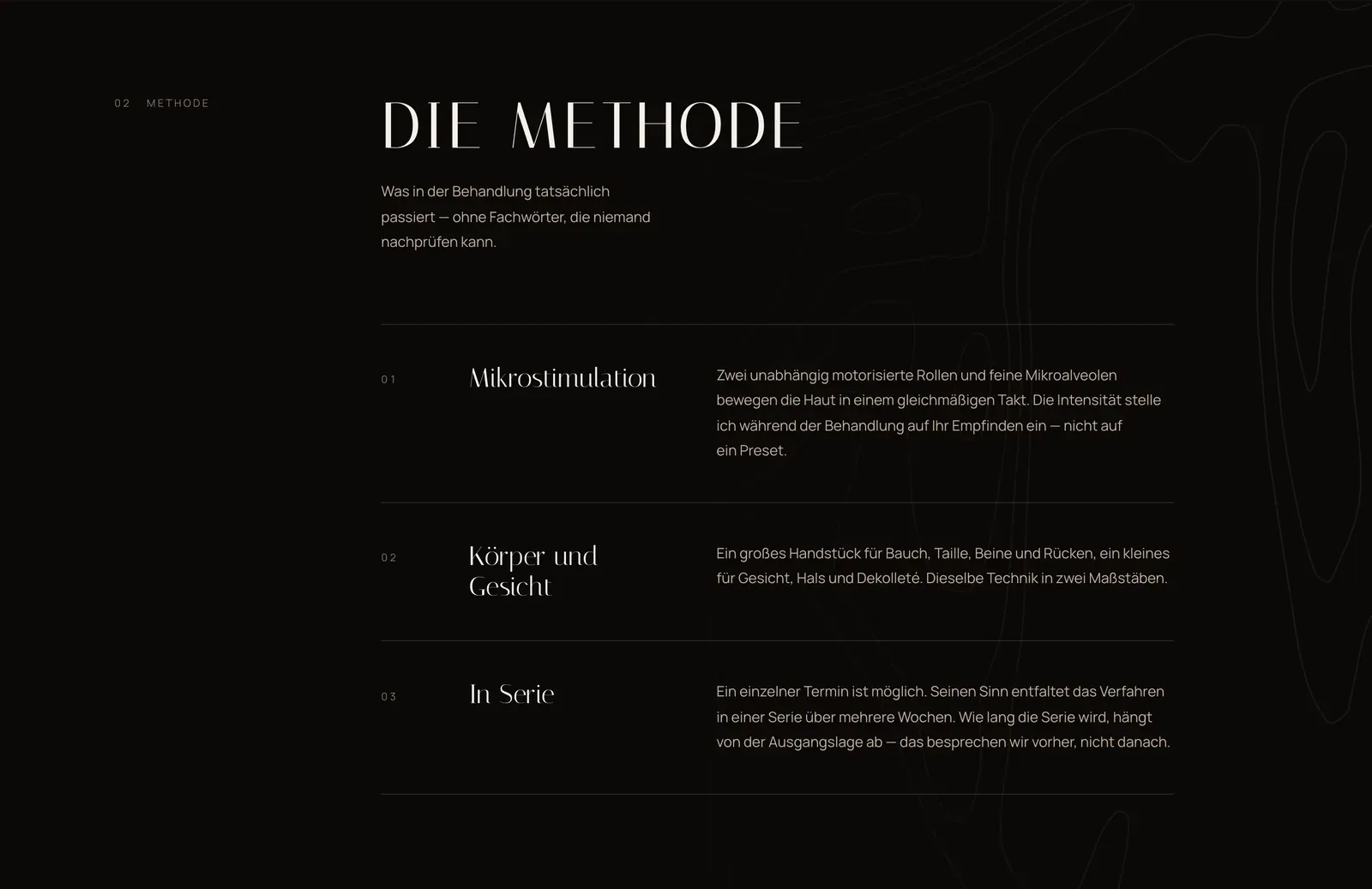 The LINEA Methode section: three numbered rows explaining the mechanics of the treatment on a dark ground, a faint contour drawing bleeding off the right edge.