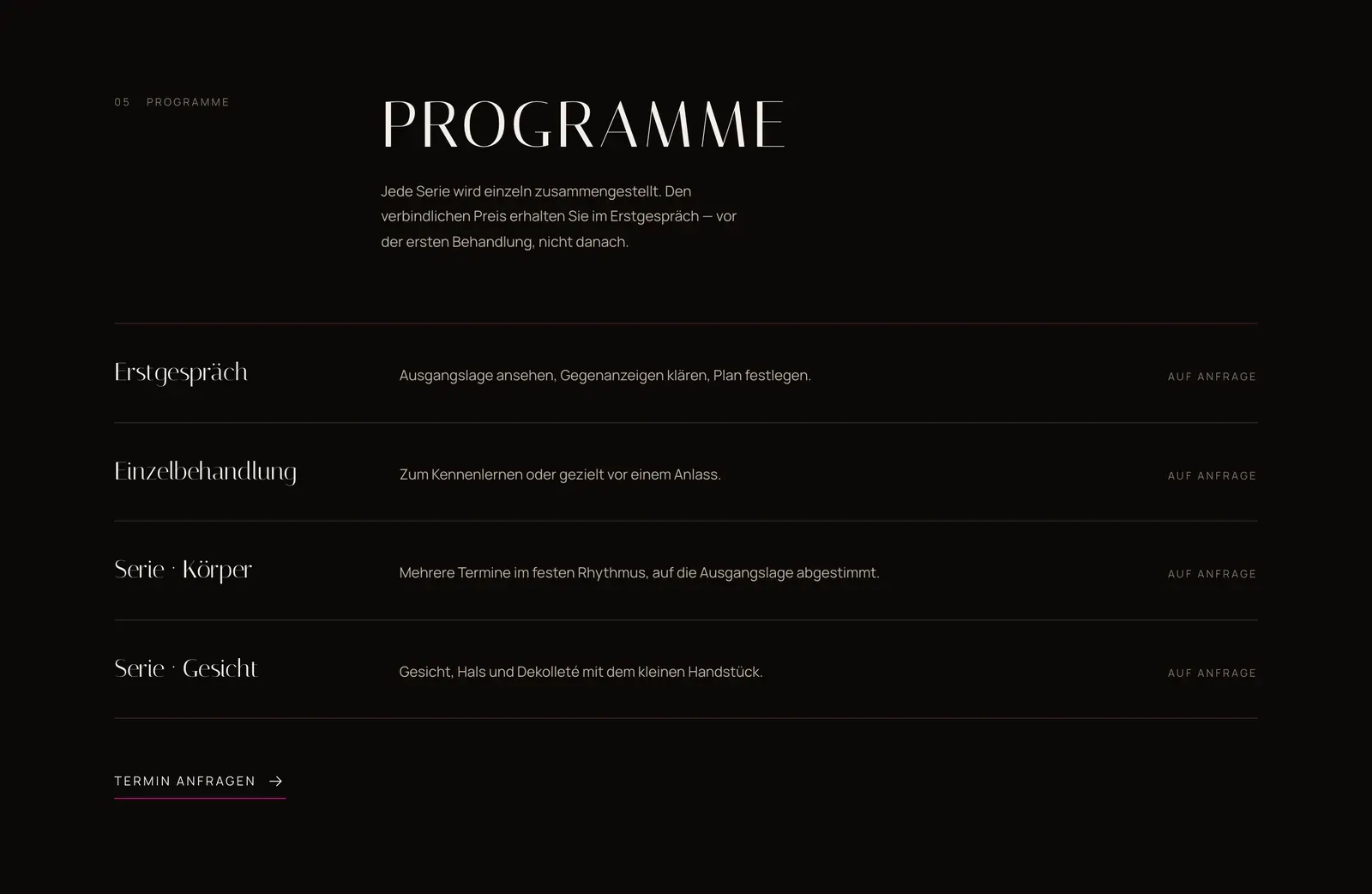 The LINEA Programme section: a list of four treatment programmes with descriptions, each priced 'auf Anfrage' instead of an invented figure.
