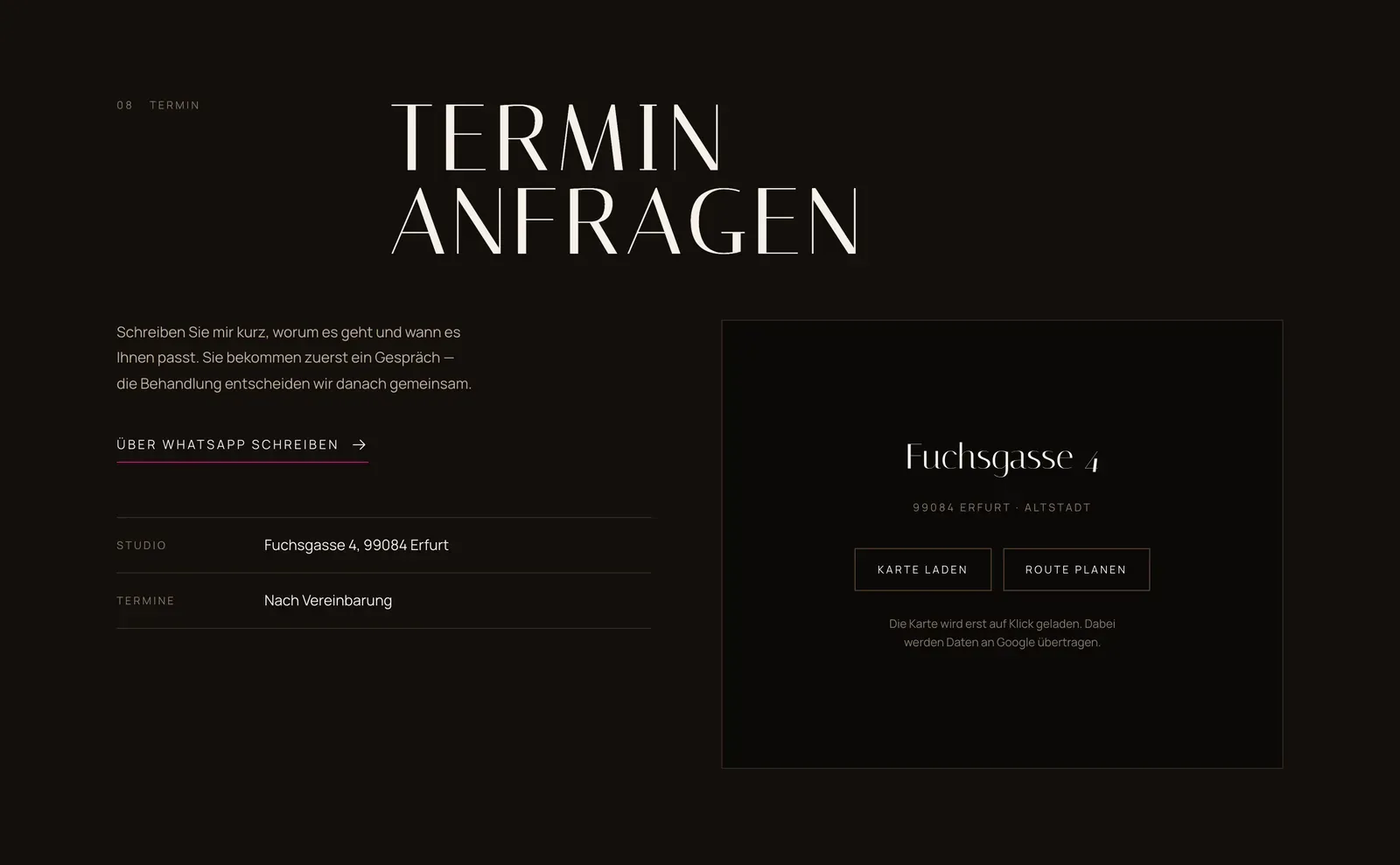 The LINEA Termin section: a large closing headline beside a contact block with an address and a click-to-load map placeholder.