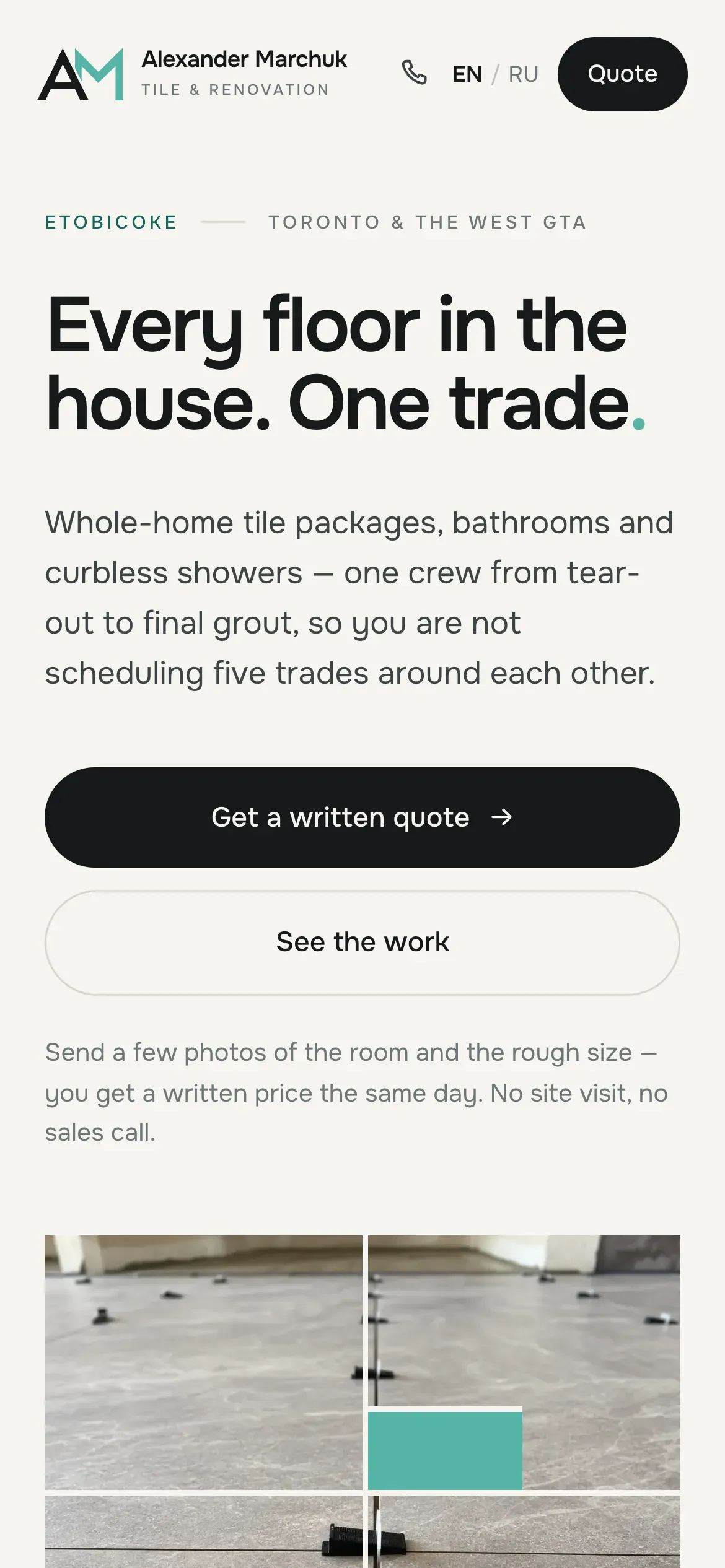 The Alexander Marchuk Tile homepage on a phone: the wordmark, a call button, the language switch and the headline.