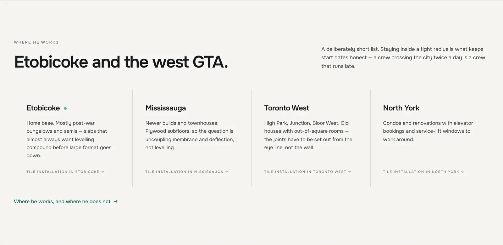 The service areas section: the four areas he covers across the west GTA.
