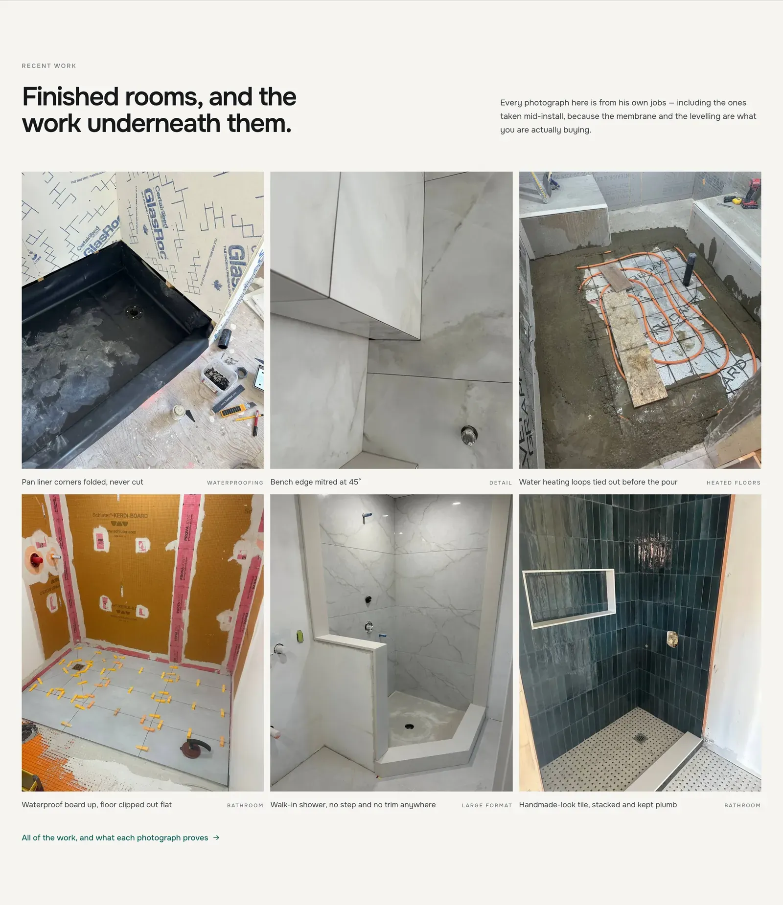 Three of Alexander's own job photographs: waterproof board and a clipped, levelled floor, a finished curbless shower, and stacked handmade-look tile.