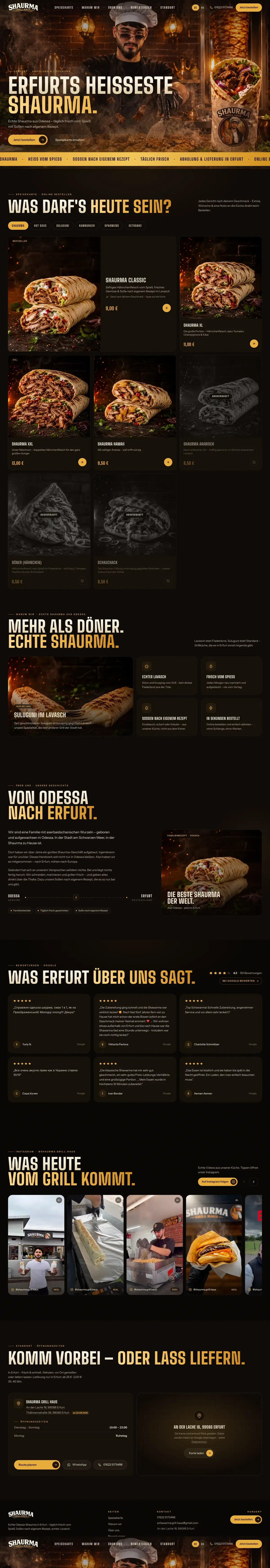The whole Shaurma Grill Haus homepage as one continuous scroll, from the hero through the menu and reviews to the location.