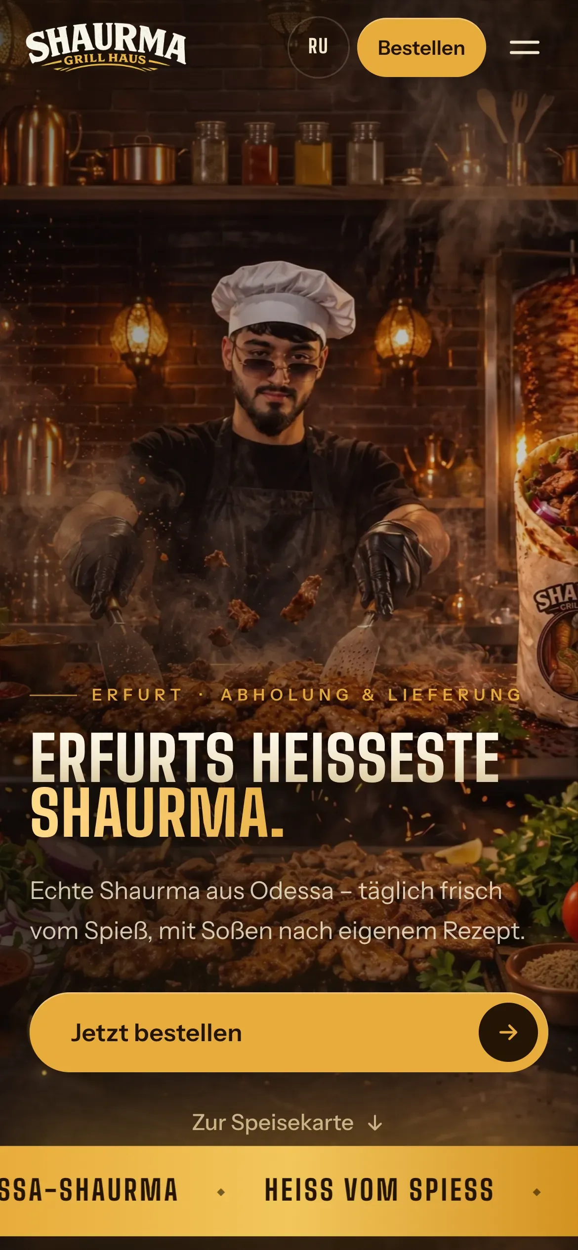 The Shaurma Grill Haus homepage on a phone: the wordmark, the headline over the grill photograph and the order button.