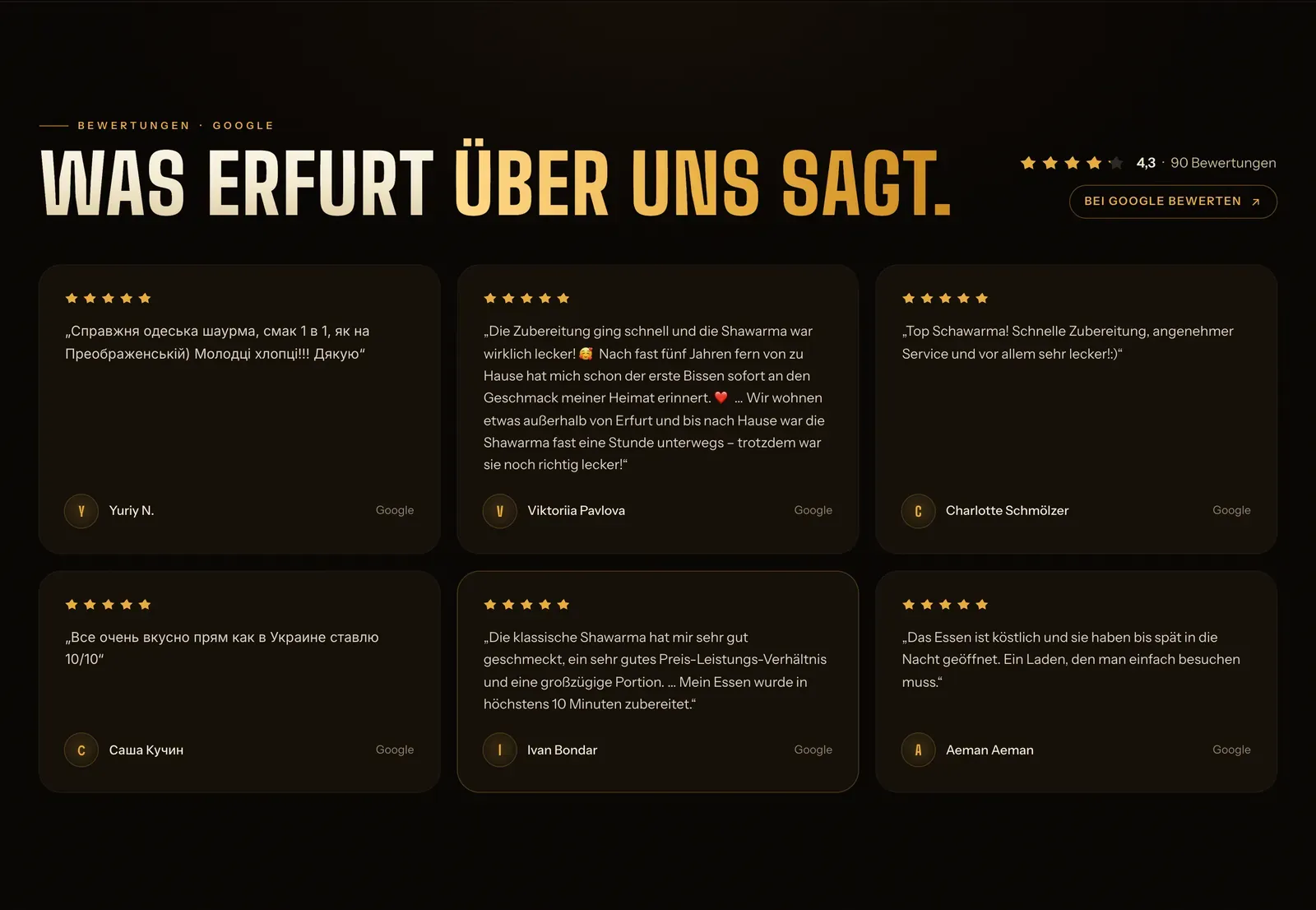 The reviews section: quoted Google reviews in German, Ukrainian and Russian.