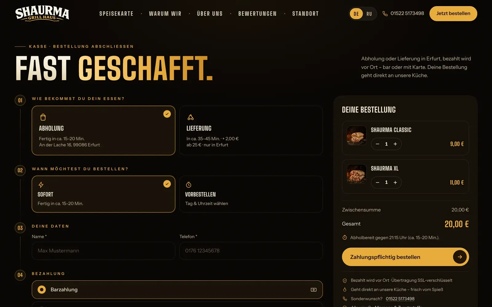 The checkout page: mode and time cards, contact fields, and the order summary with two dishes and a total.