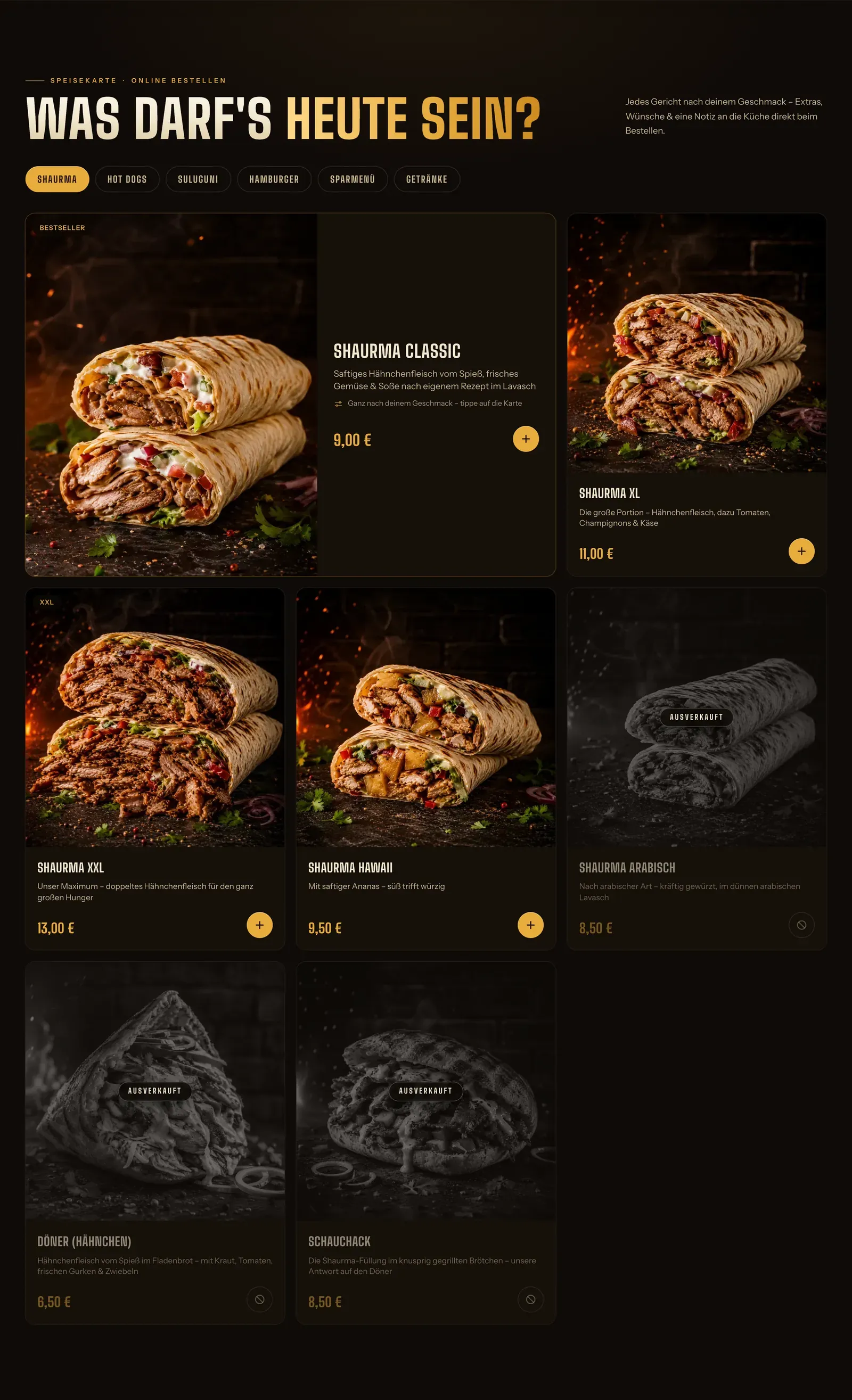 The Shaurma Grill Haus menu section: category tabs, a featured bestseller card and a grid of dishes, two of them greyed out and marked “Ausverkauft”.